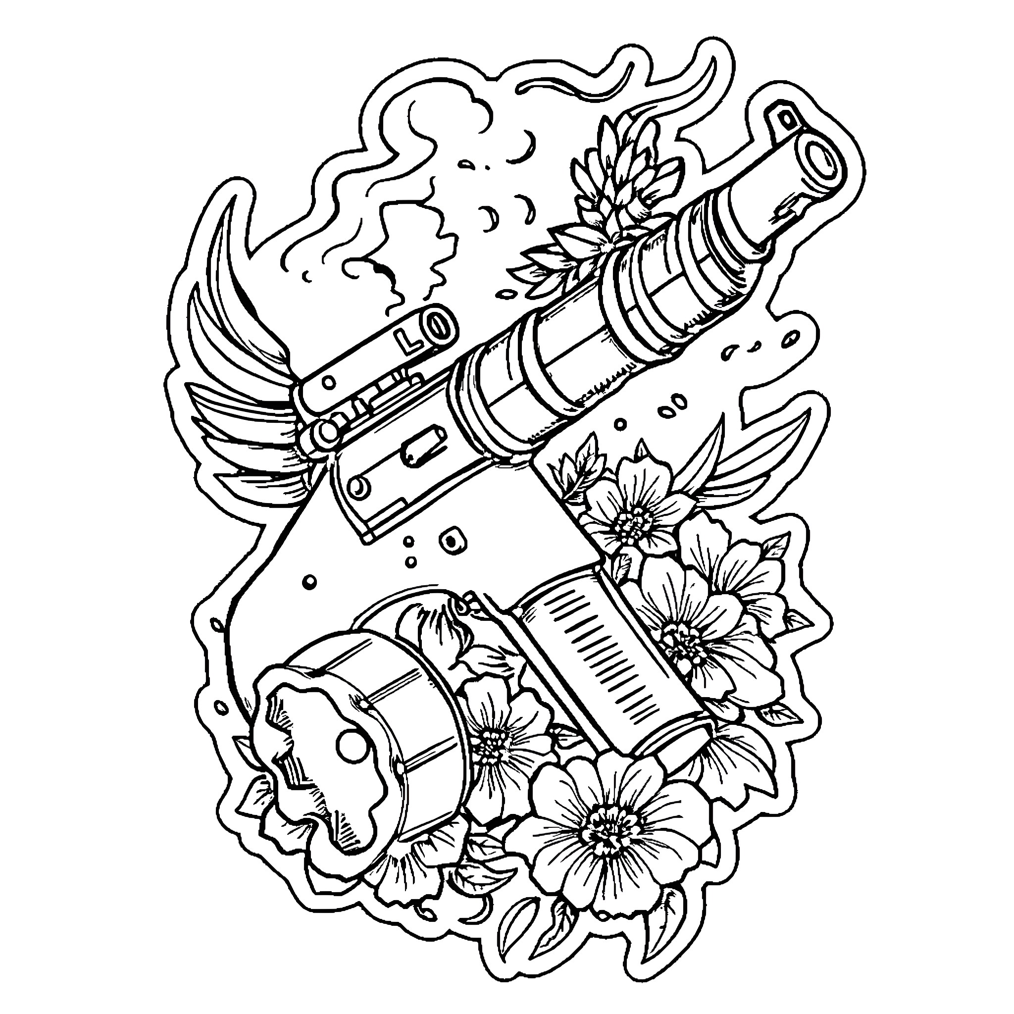 Tattoo of a Floral Gun with Wings Coloring Page (free black-and-white line drawing printable PDF for all, from beginners to advanced learners, including children, teens, adults, and seniors)