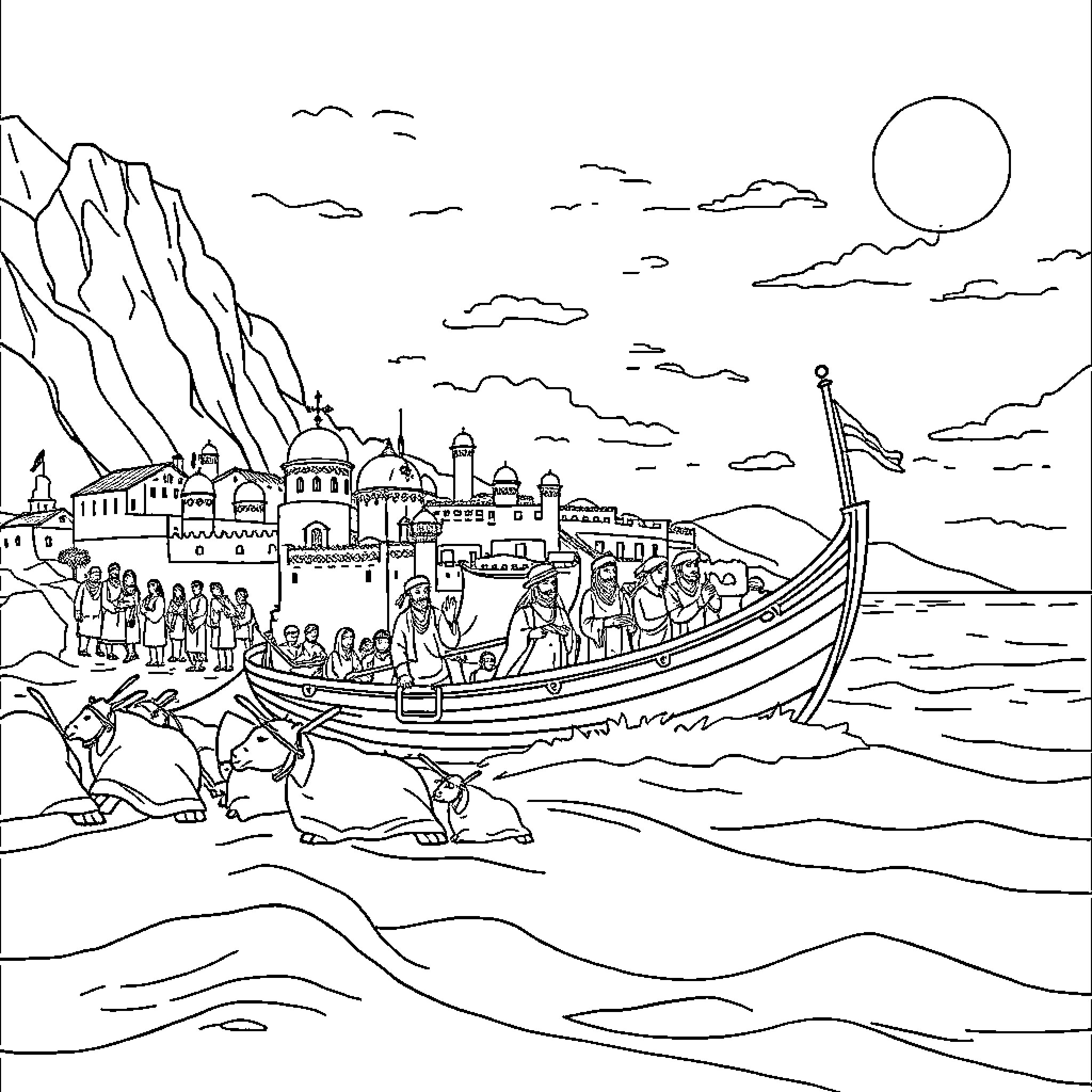 Israeli People Embark on a Maritime Voyage Coloring Page (free black-and-white line drawing printable PDF for all, from beginners to advanced learners, including children, teens, adults, and seniors)