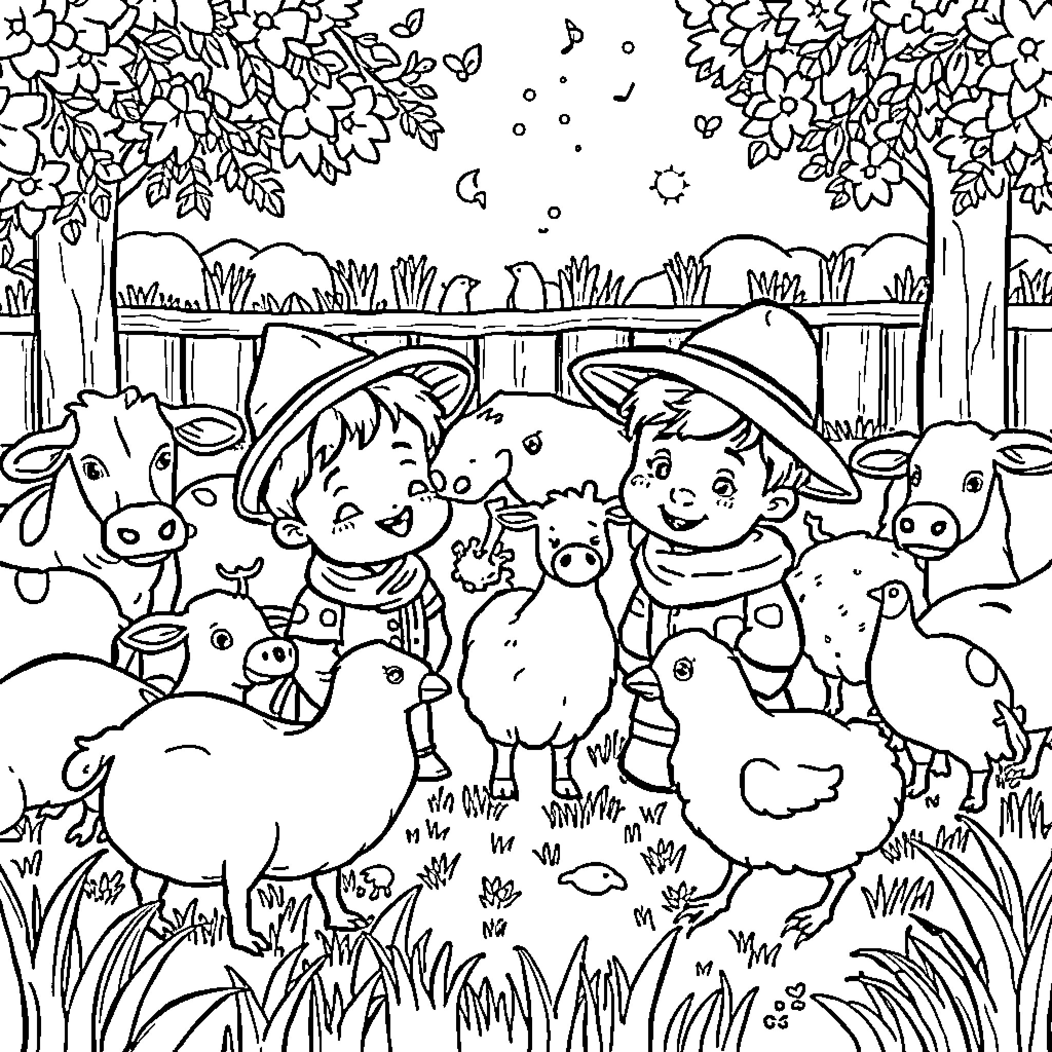 Children playing with farm animals in the countryside Coloring Page (free black-and-white line drawing printable PDF for all, from beginners to advanced learners, including children, teens, adults, and seniors)