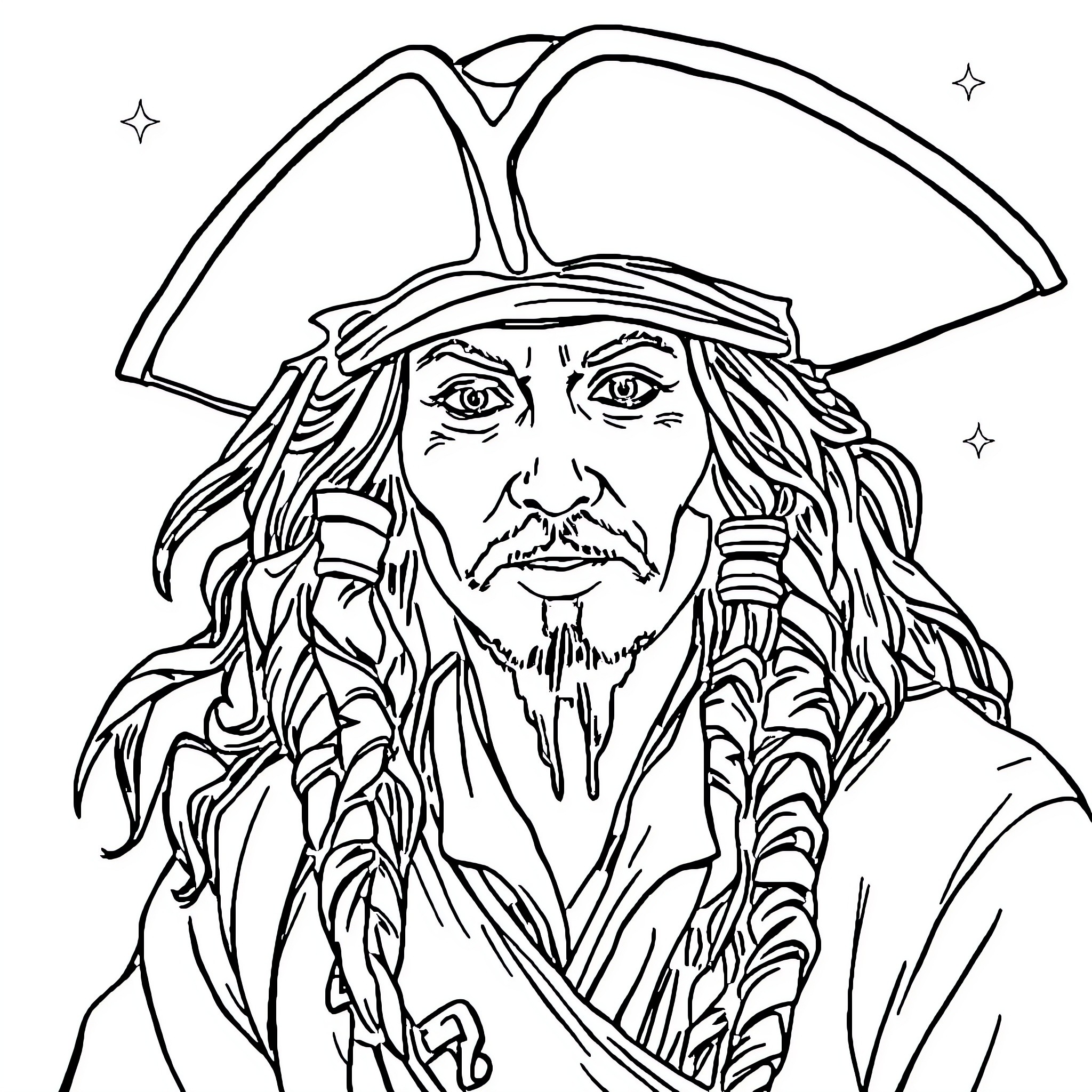 Jack Sparrow in thoughtful contemplation Coloring Page (free black-and-white line drawing printable PDF for all, from beginners to advanced learners, including children, teens, adults, and seniors)