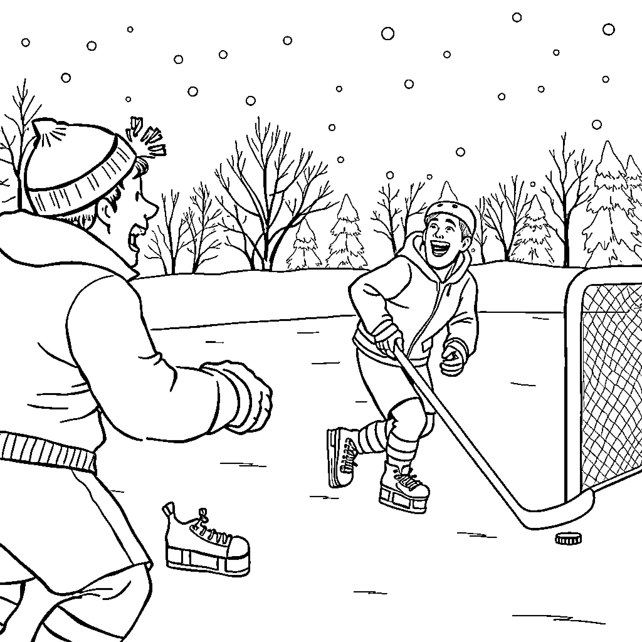 Wayne and Garth playing ice hockey in the snowy woods Coloring Page (free black-and-white line drawing printable PDF for all, from beginners to advanced learners, including children, teens, adults, and seniors)