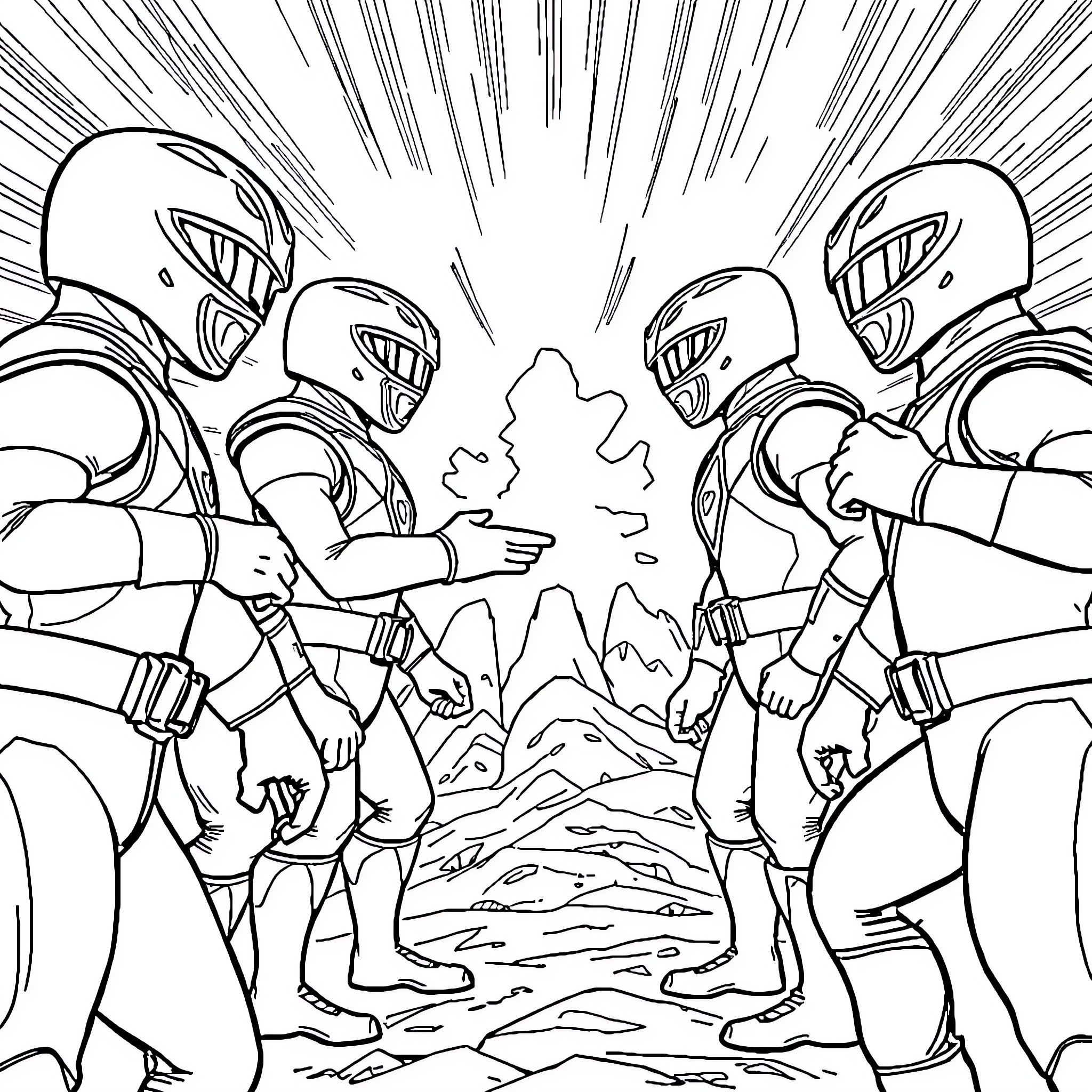 Power Rangers Clash in Epic Battle Coloring Page (free black-and-white line drawing printable PDF for all, from beginners to advanced learners, including children, teens, adults, and seniors)