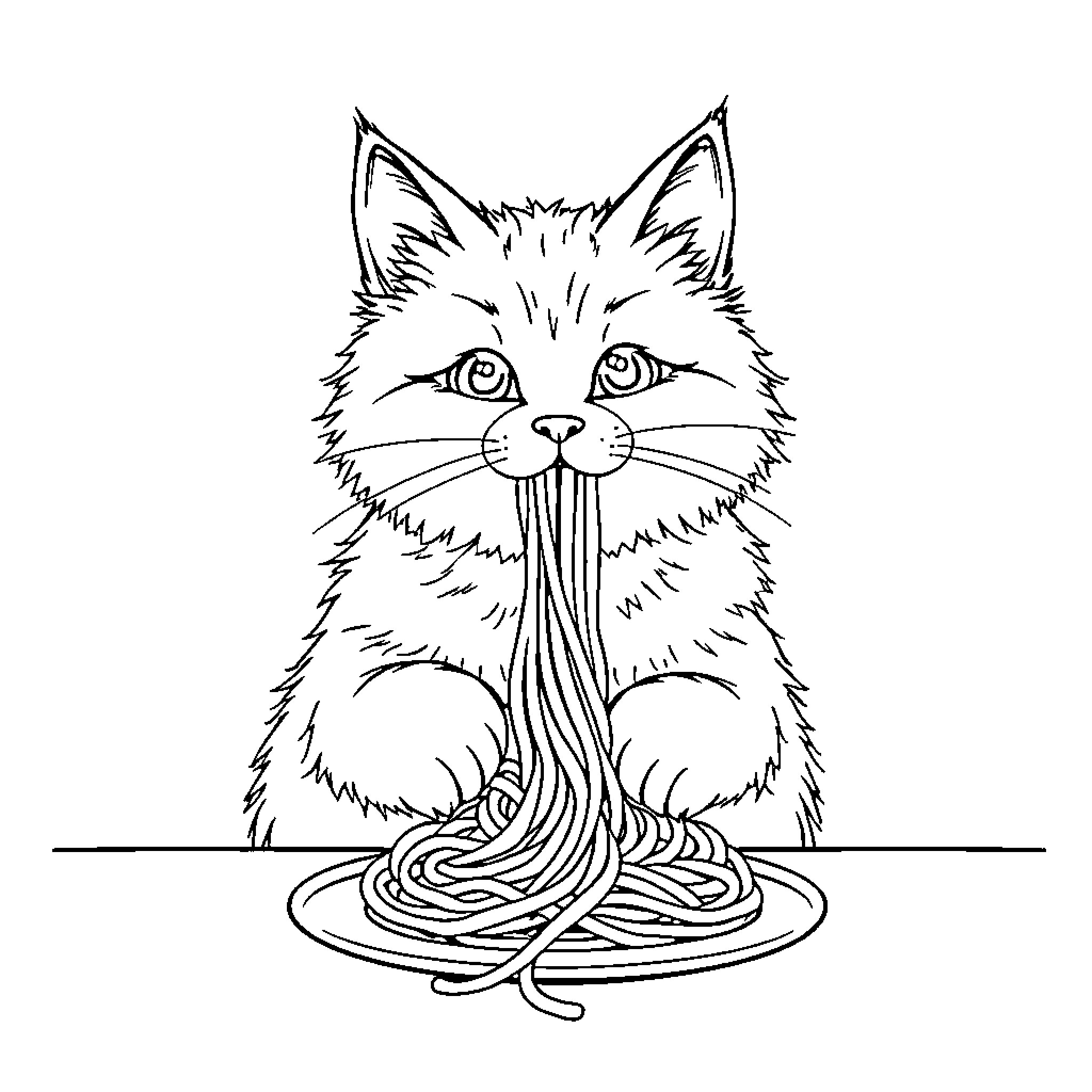 Cat entangled in spaghetti Coloring Page (free black-and-white line drawing printable PDF for all, from beginners to advanced learners, including children, teens, adults, and seniors)