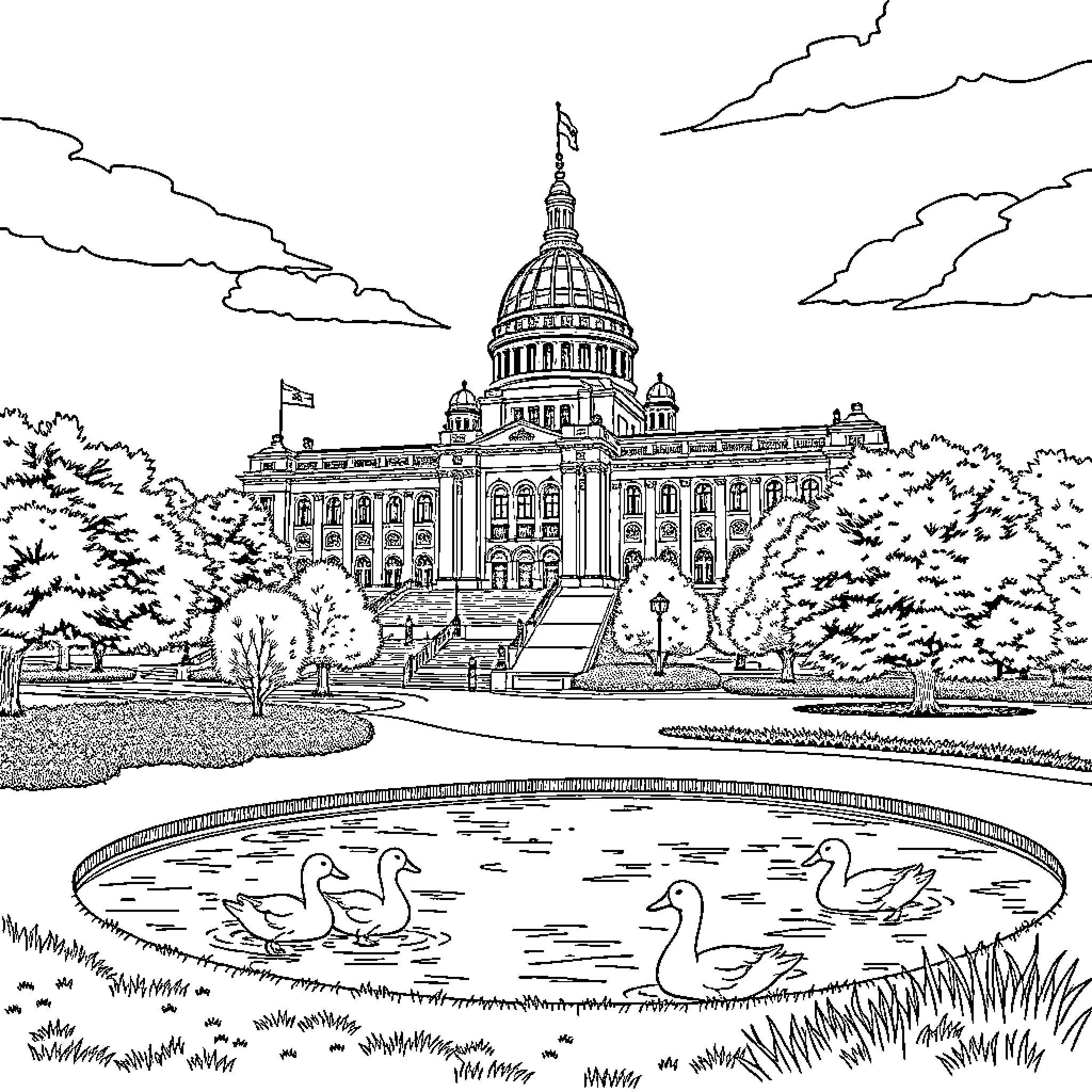 Ducks swimming peacefully in front of the Capitol building Coloring Page (free black-and-white line drawing printable PDF for all, from beginners to advanced learners, including children, teens, adults, and seniors)