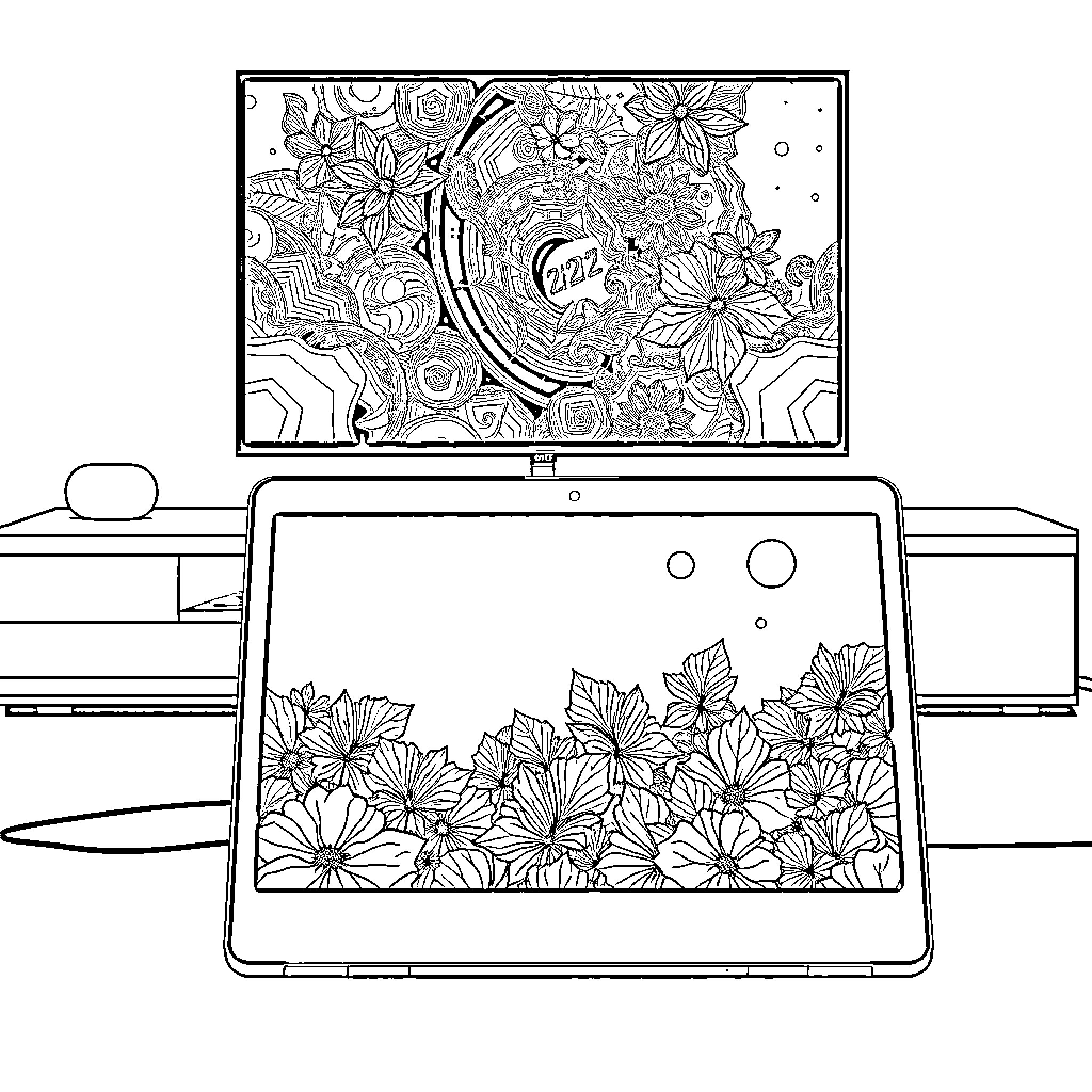 Chromebook displaying abstract floral artwork Coloring Page (free black-and-white line drawing printable PDF for all, from beginners to advanced learners, including children, teens, adults, and seniors)