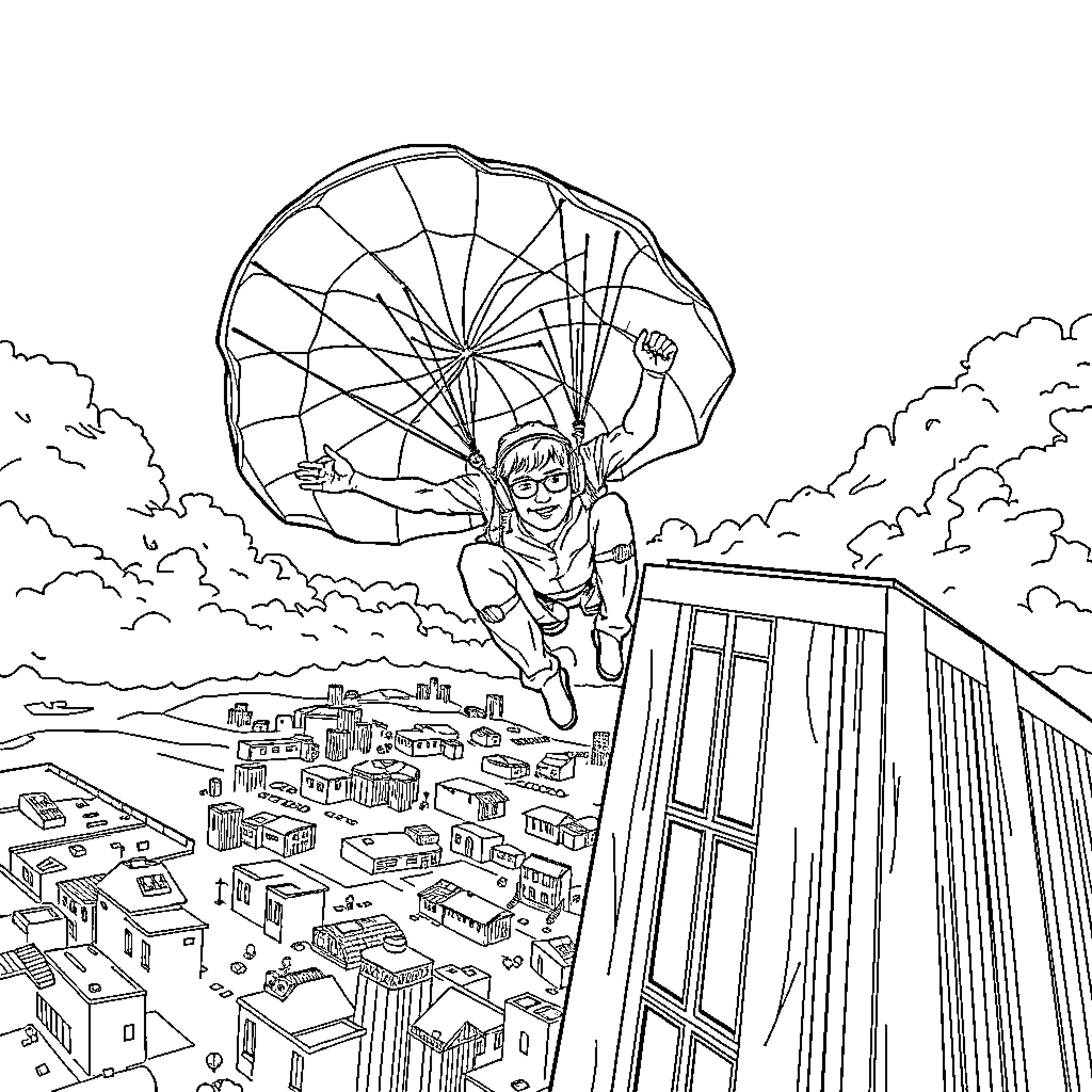 Paracaidista descending over the city skyline Coloring Page (free black-and-white line drawing printable PDF for all, from beginners to advanced learners, including children, teens, adults, and seniors)