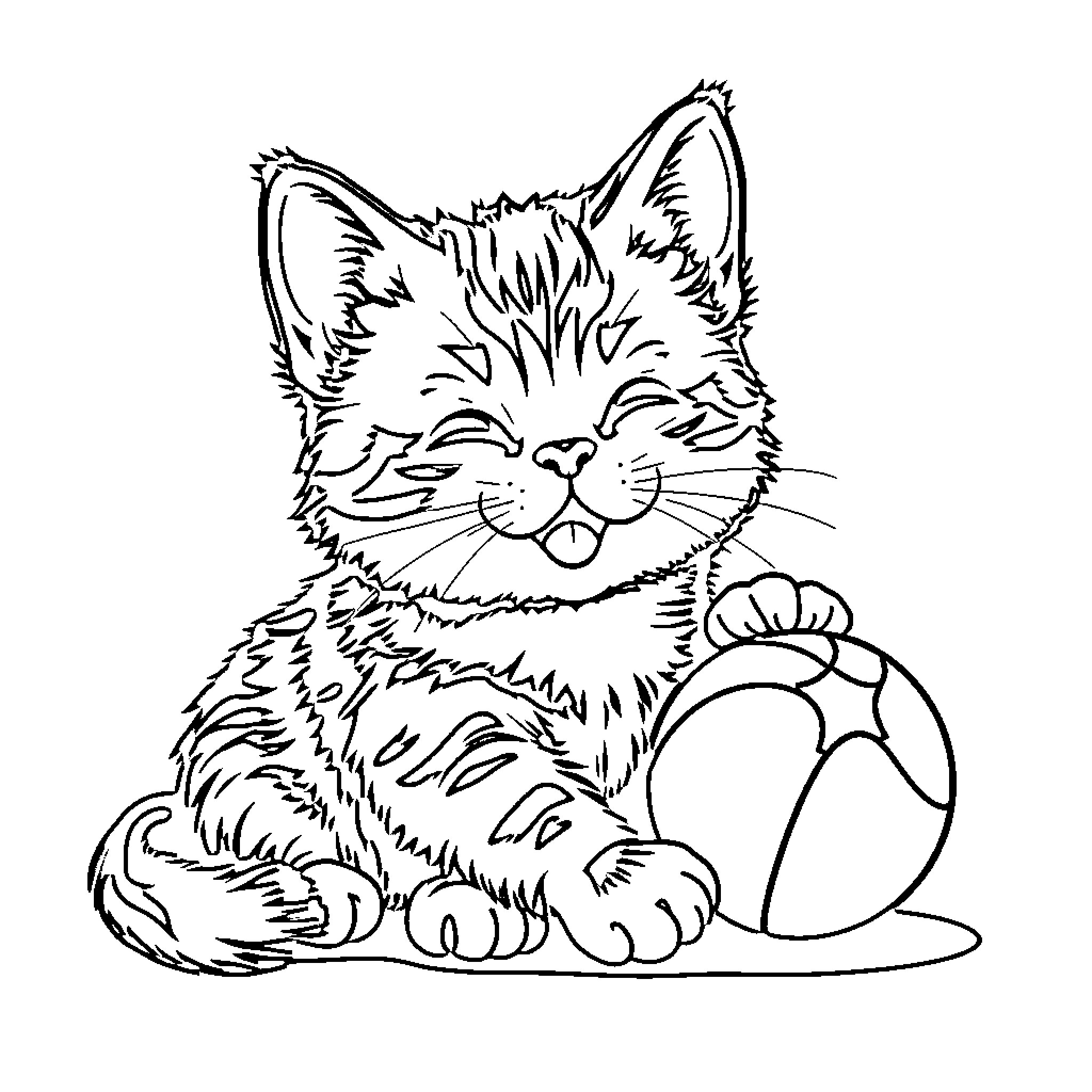 Chat with a Playful Feline Coloring Page (free black-and-white line drawing printable PDF for all, from beginners to advanced learners, including children, teens, adults, and seniors)