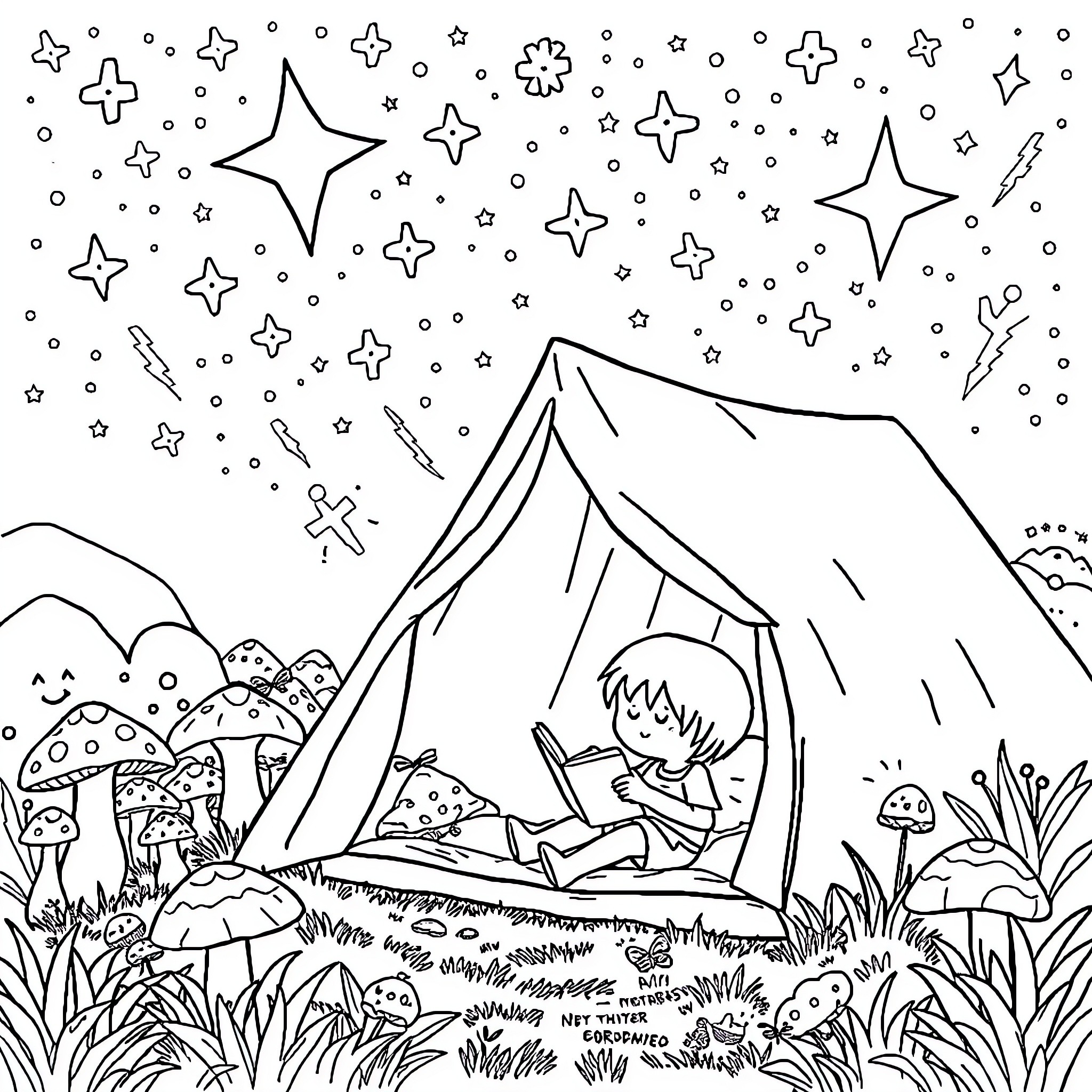 Character Camping Under the Starry Night Sky Coloring Page (free black-and-white line drawing printable PDF for all, from beginners to advanced learners, including children, teens, adults, and seniors)