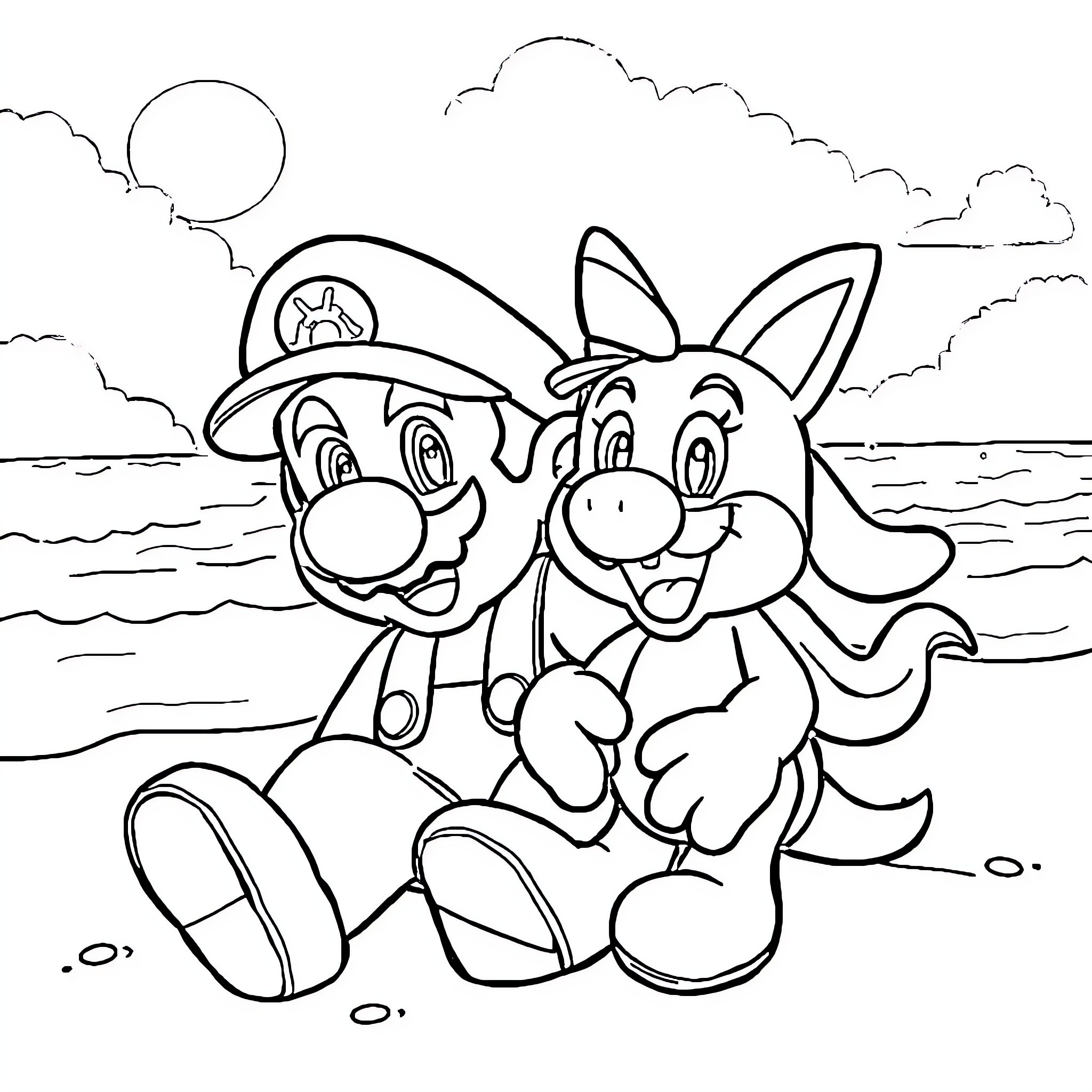 Mario and Yoshi enjoying a day at the beach Coloring Page (free black-and-white line drawing printable PDF for all, from beginners to advanced learners, including children, teens, adults, and seniors)