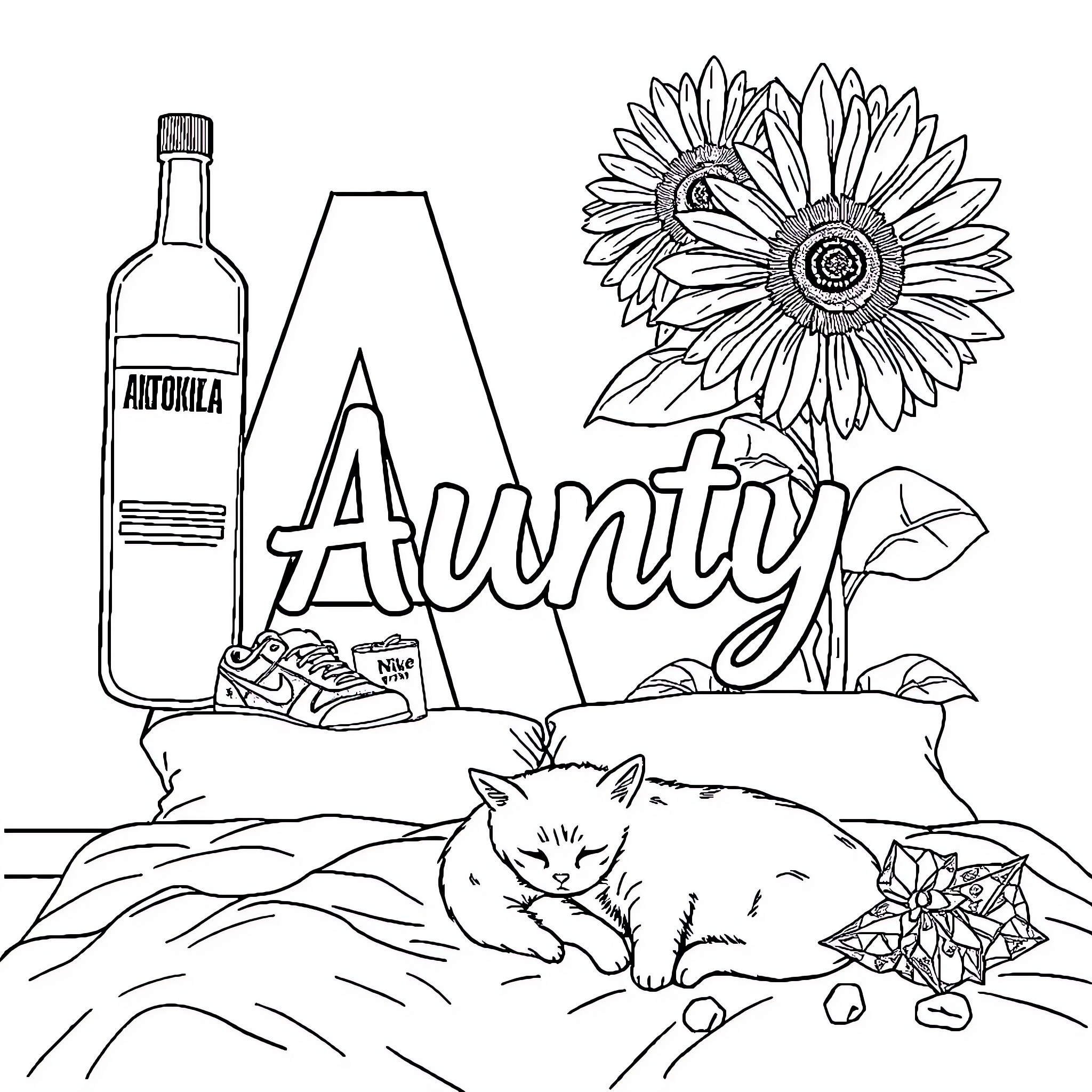 A Cozy Scene with Sunflowers and Feline Friend Coloring Page (free black-and-white line drawing printable PDF for all, from beginners to advanced learners, including children, teens, adults, and seniors)