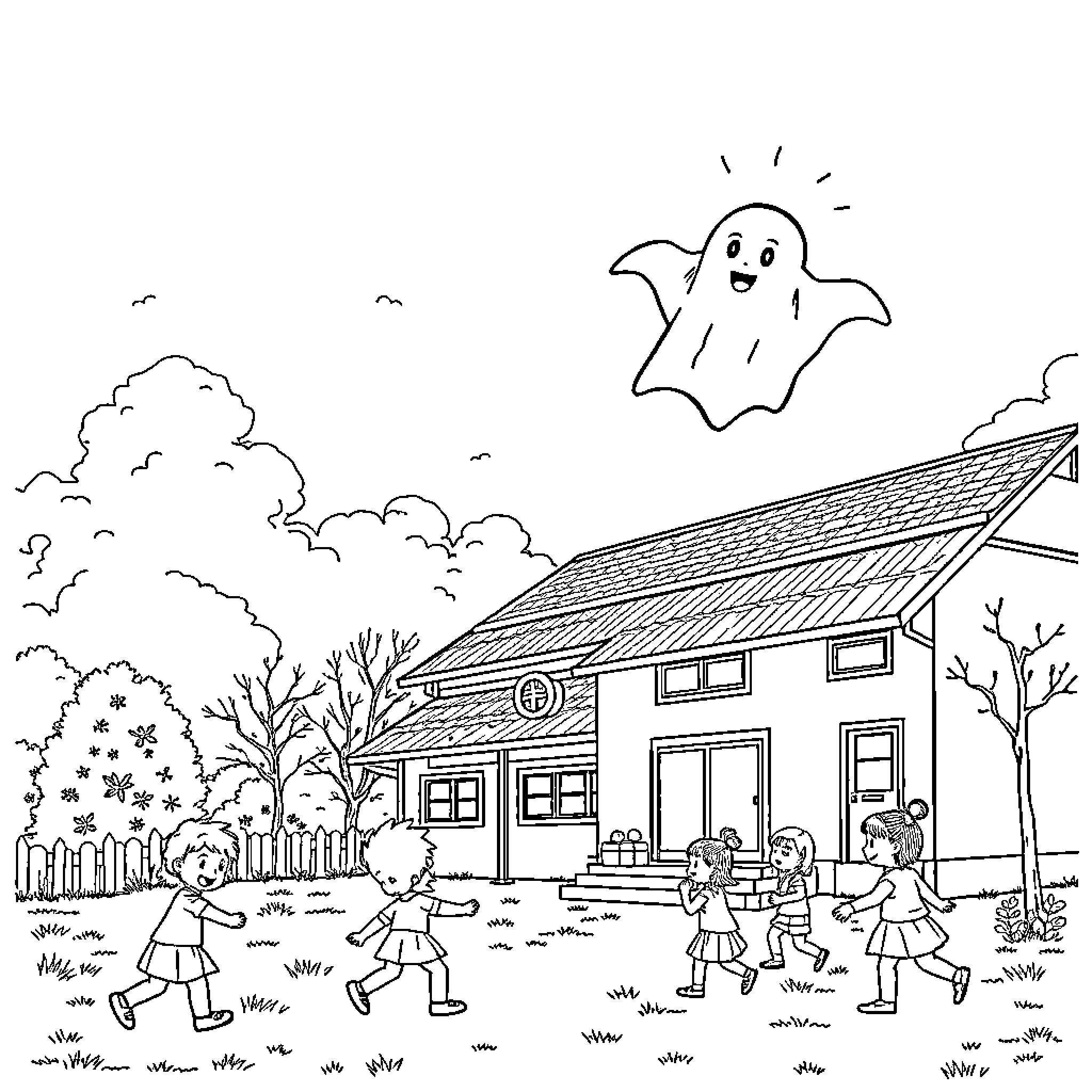 Ghost children playing happily outdoors Coloring Page (free black-and-white line drawing printable PDF for all, from beginners to advanced learners, including children, teens, adults, and seniors)