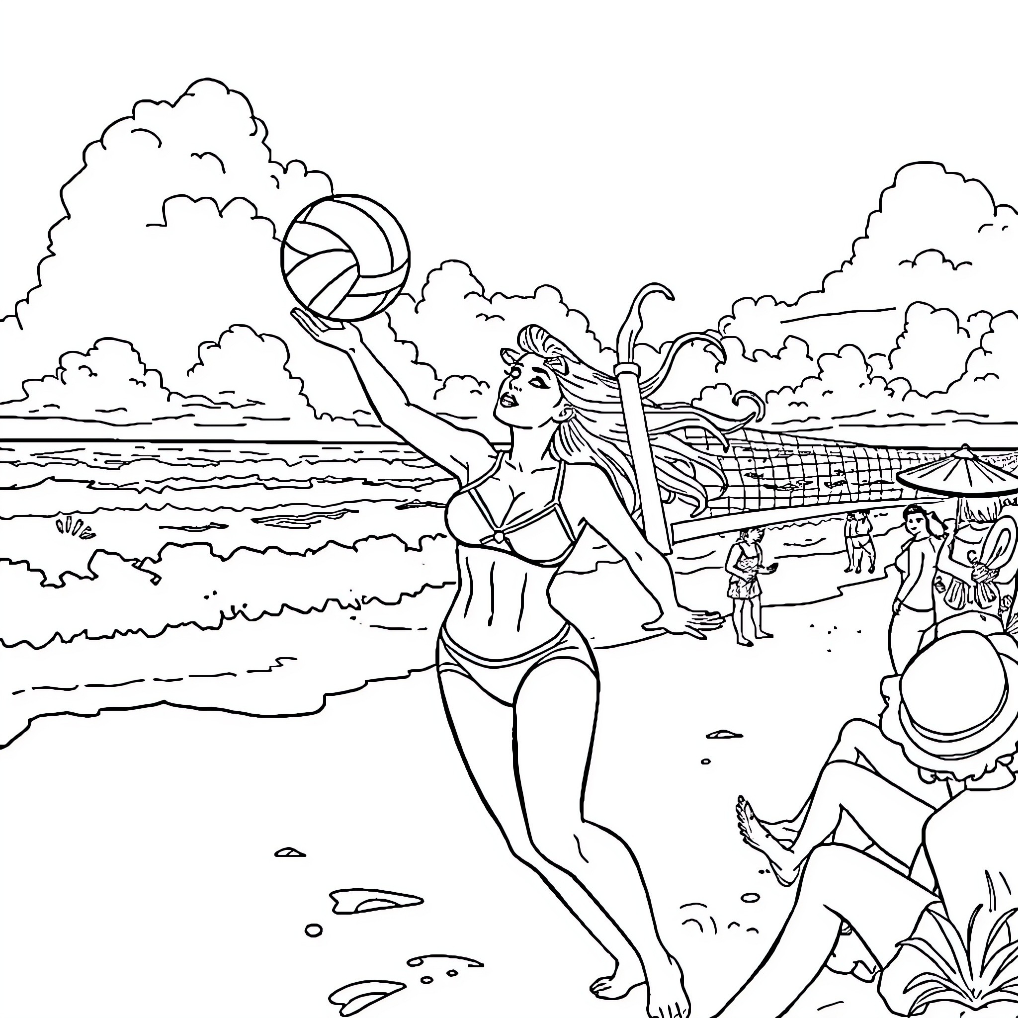 She-Ra playing volleyball on the beach with friends Coloring Page (free black-and-white line drawing printable PDF for all, from beginners to advanced learners, including children, teens, adults, and seniors)