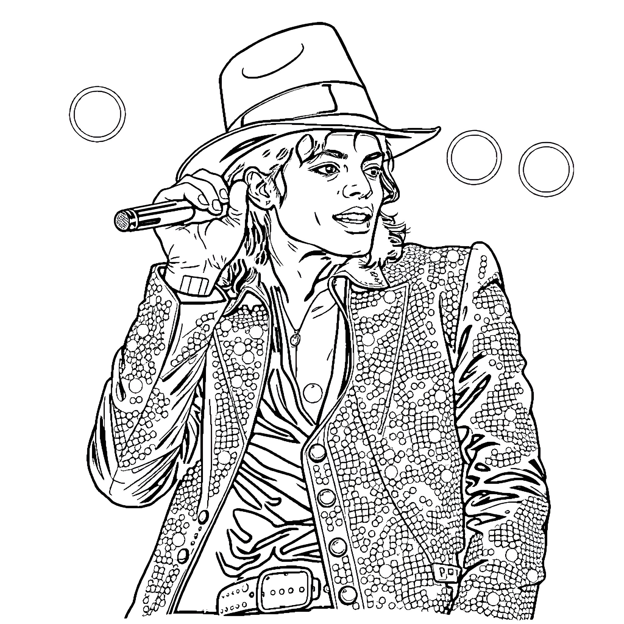 Michael Jackson performing on stage in flashy costume Coloring Page (free black-and-white line drawing printable PDF for all, from beginners to advanced learners, including children, teens, adults, and seniors)