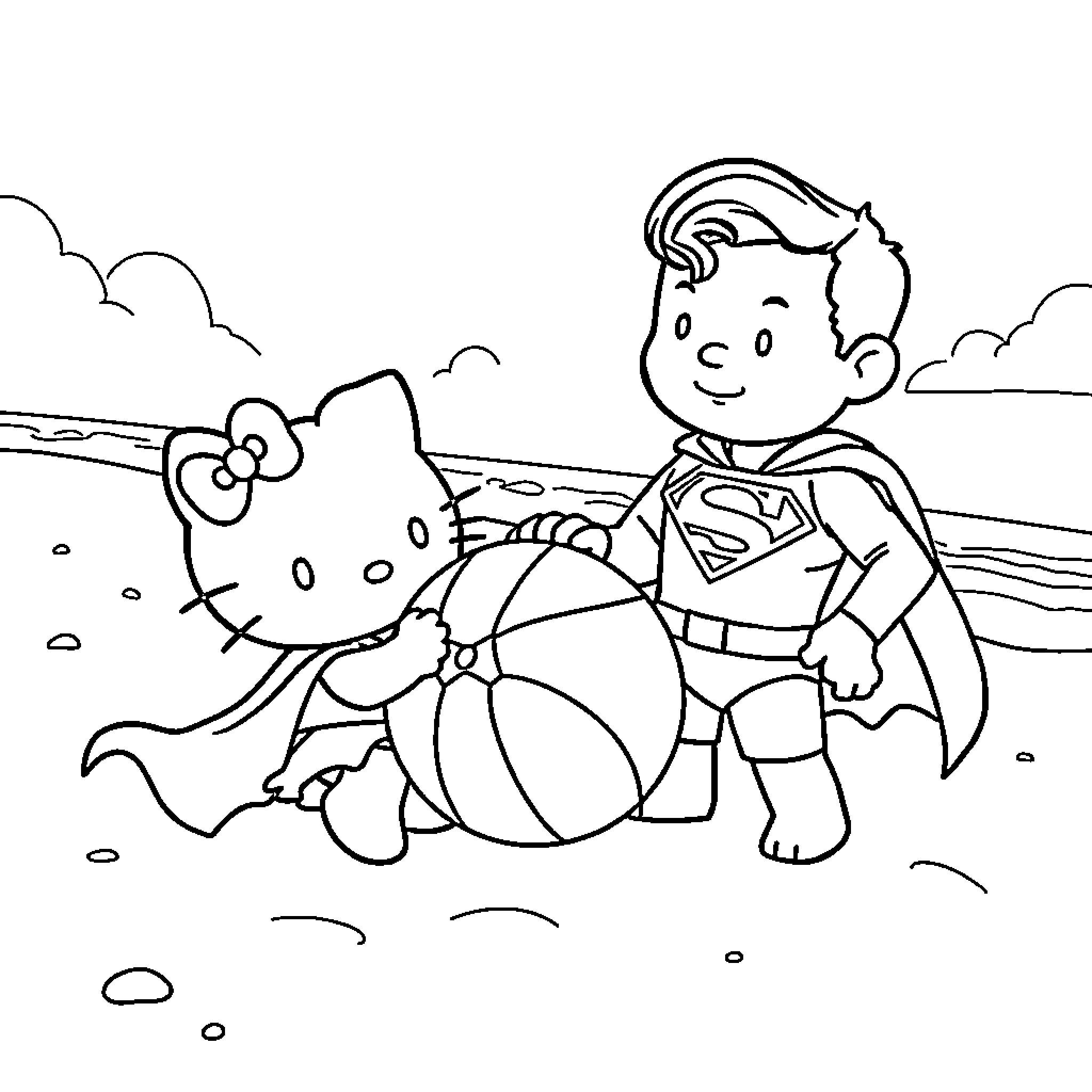 Hello Kitty playing with Superman on the beach Coloring Page (free black-and-white line drawing printable PDF for all, from beginners to advanced learners, including children, teens, adults, and seniors)