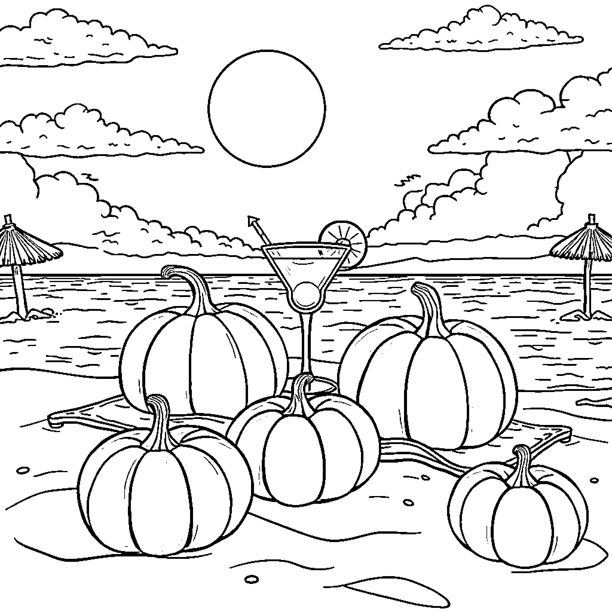 Pumpkins on the beach under the sun Coloring Page (free black-and-white line drawing printable PDF for all, from beginners to advanced learners, including children, teens, adults, and seniors)