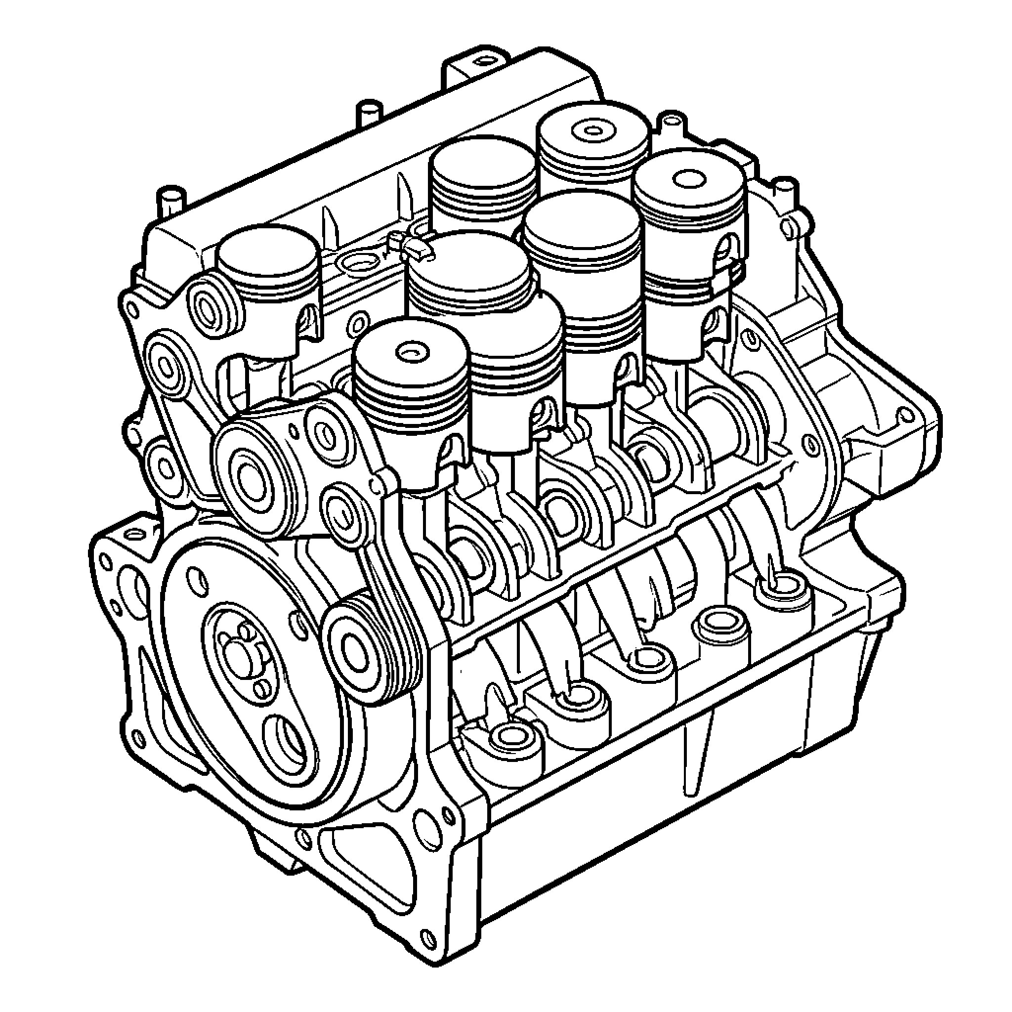 Engine showing internal mechanical components and parts Coloring Page (free black-and-white line drawing printable PDF for all, from beginners to advanced learners, including children, teens, adults, and seniors)