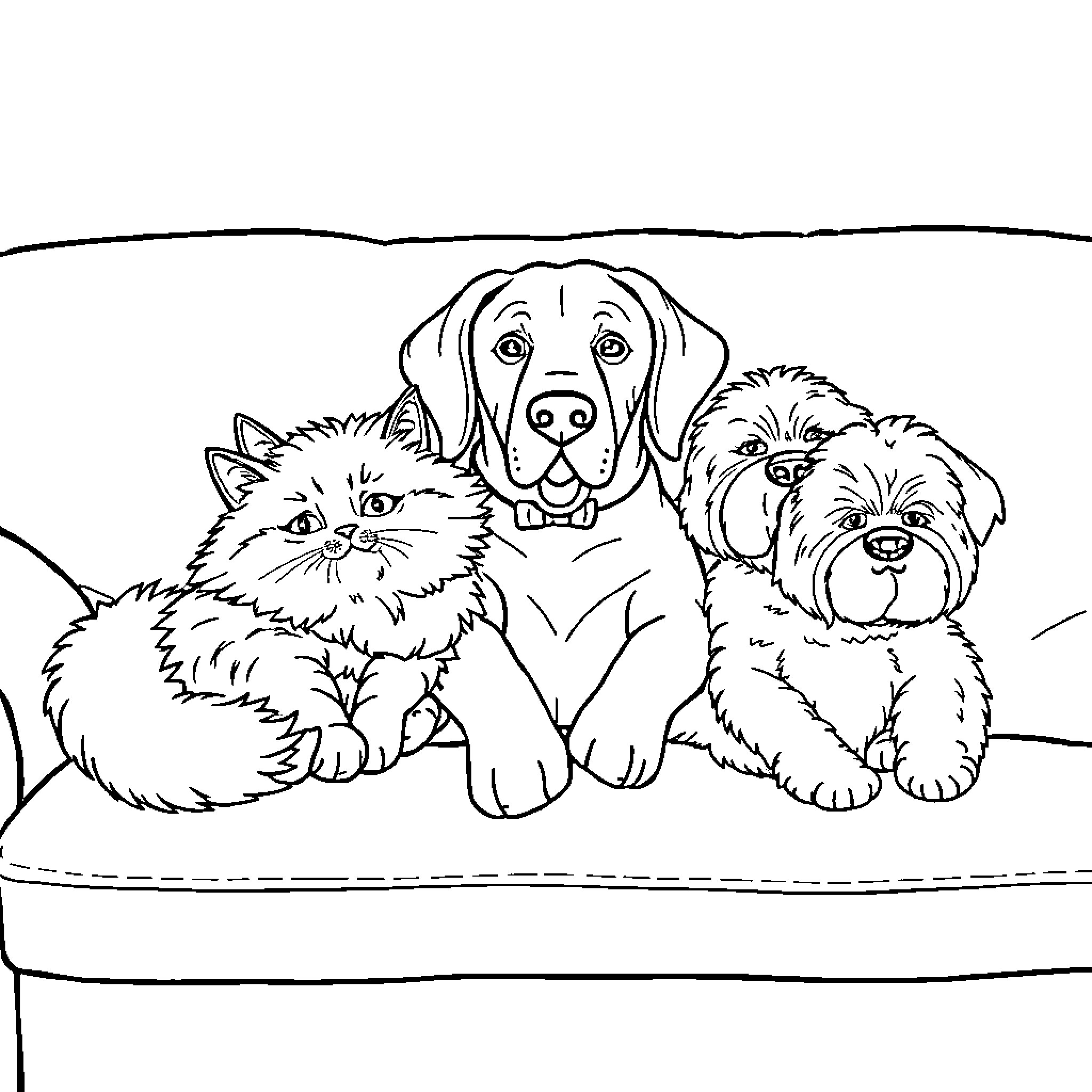 Dog and friends posing together in the scene Coloring Page (free black-and-white line drawing printable PDF for all, from beginners to advanced learners, including children, teens, adults, and seniors)