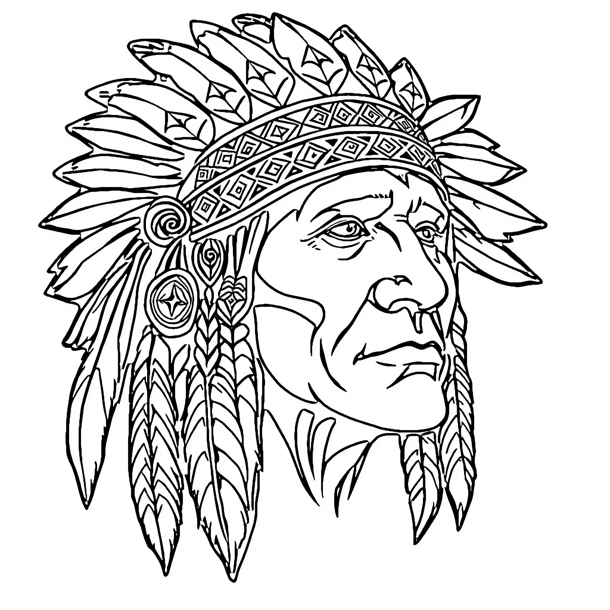 Indian Chief in Ornate Headdress and Contemplative Expression Coloring Page (free black-and-white line drawing printable PDF for all, from beginners to advanced learners, including children, teens, adults, and seniors)