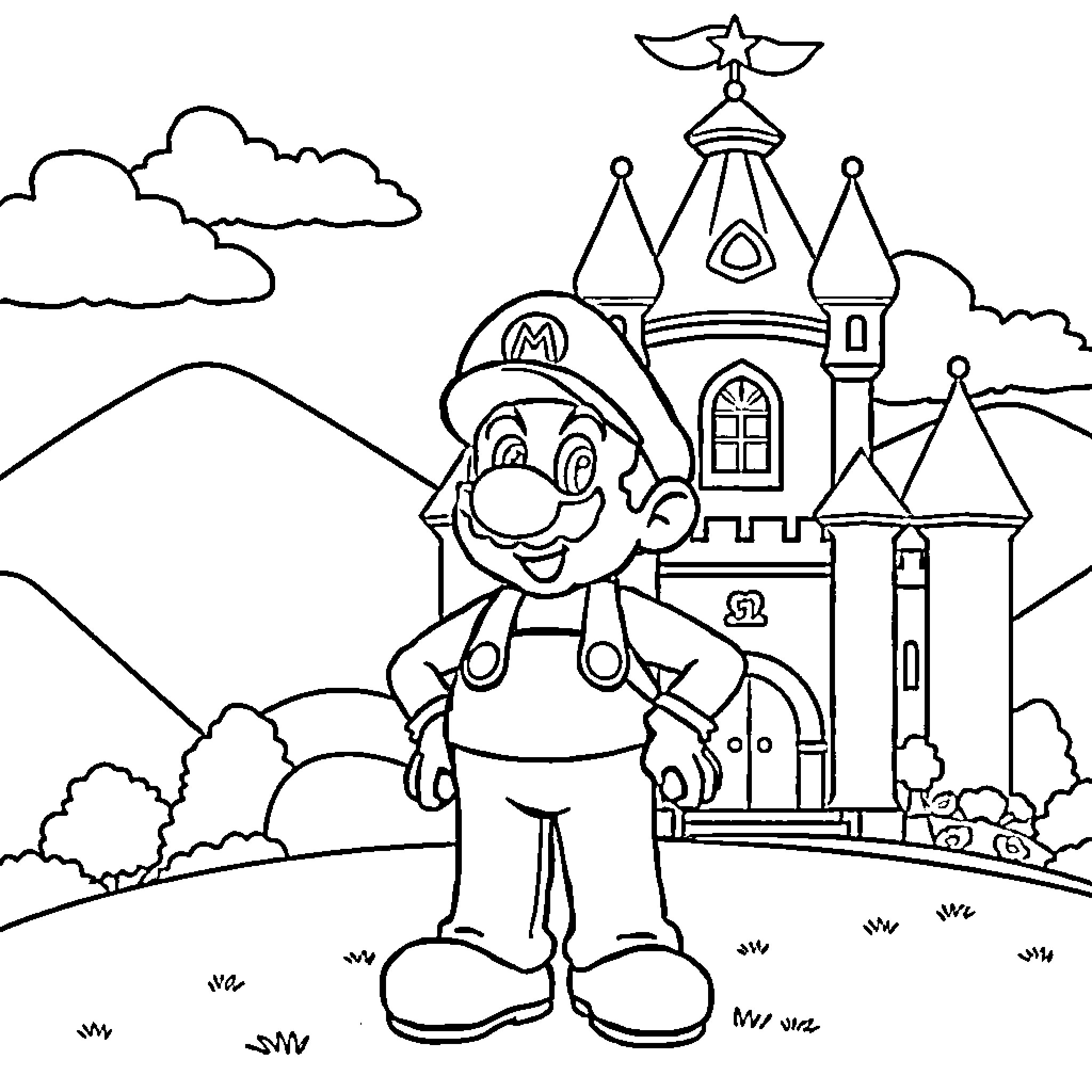Mario exploring a fantastical castle landscape Coloring Page (free black-and-white line drawing printable PDF for all, from beginners to advanced learners, including children, teens, adults, and seniors)