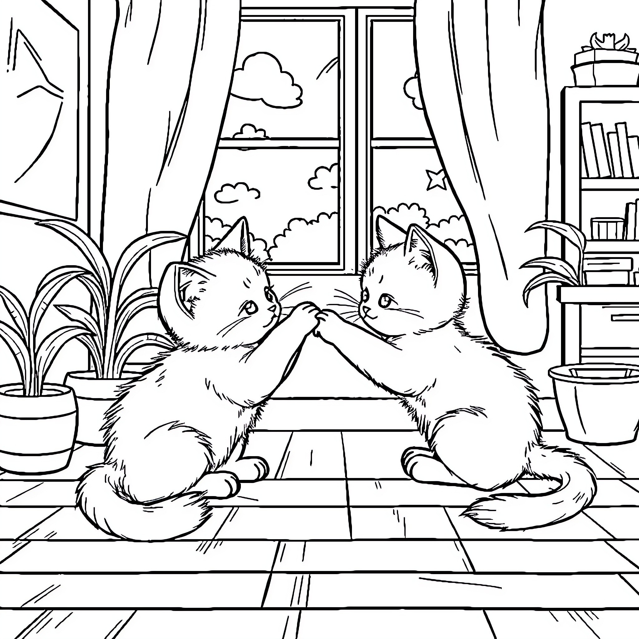 Kitty Companions Enjoying the View Coloring Page (free black-and-white line drawing printable PDF for all, from beginners to advanced learners, including children, teens, adults, and seniors)