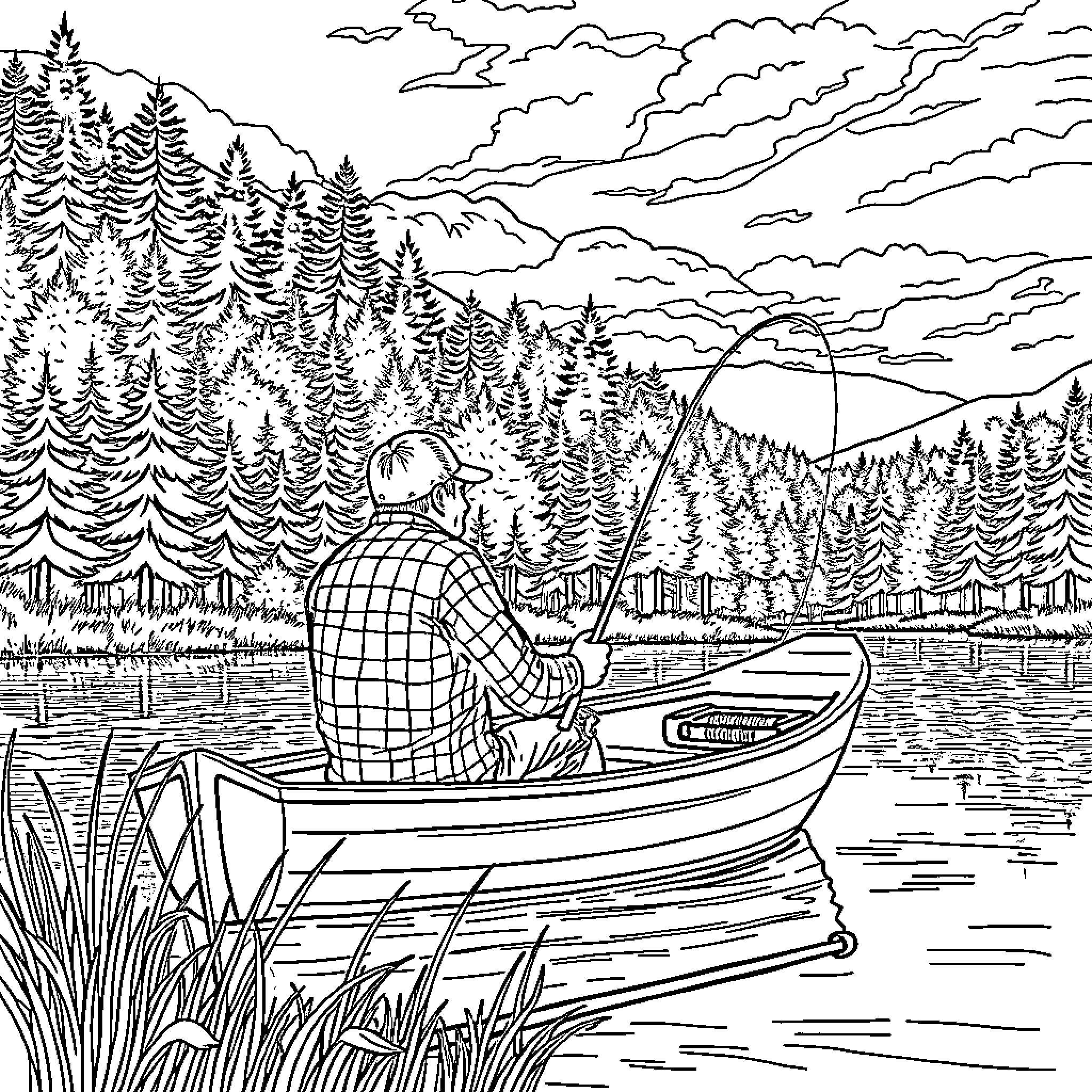 Man fishing peacefully in a serene lakeside landscape Coloring Page (free black-and-white line drawing printable PDF for all, from beginners to advanced learners, including children, teens, adults, and seniors)