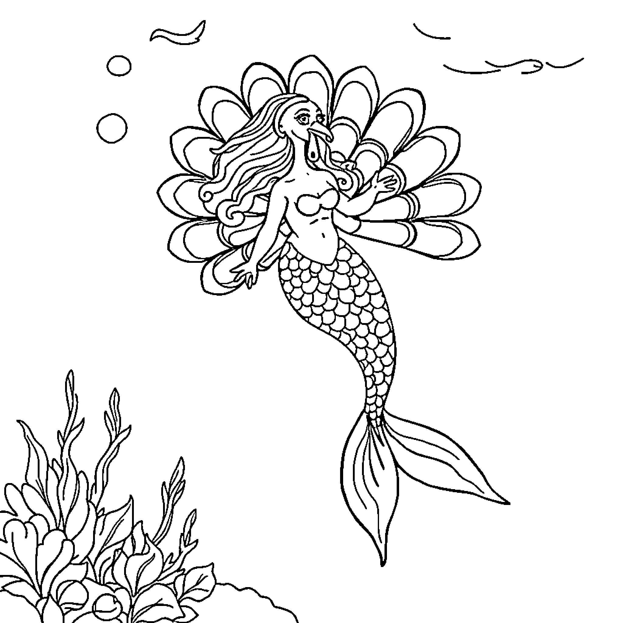 Turkey Mermaid in Underwater Seascape Coloring Page (free black-and-white line drawing printable PDF for all, from beginners to advanced learners, including children, teens, adults, and seniors)