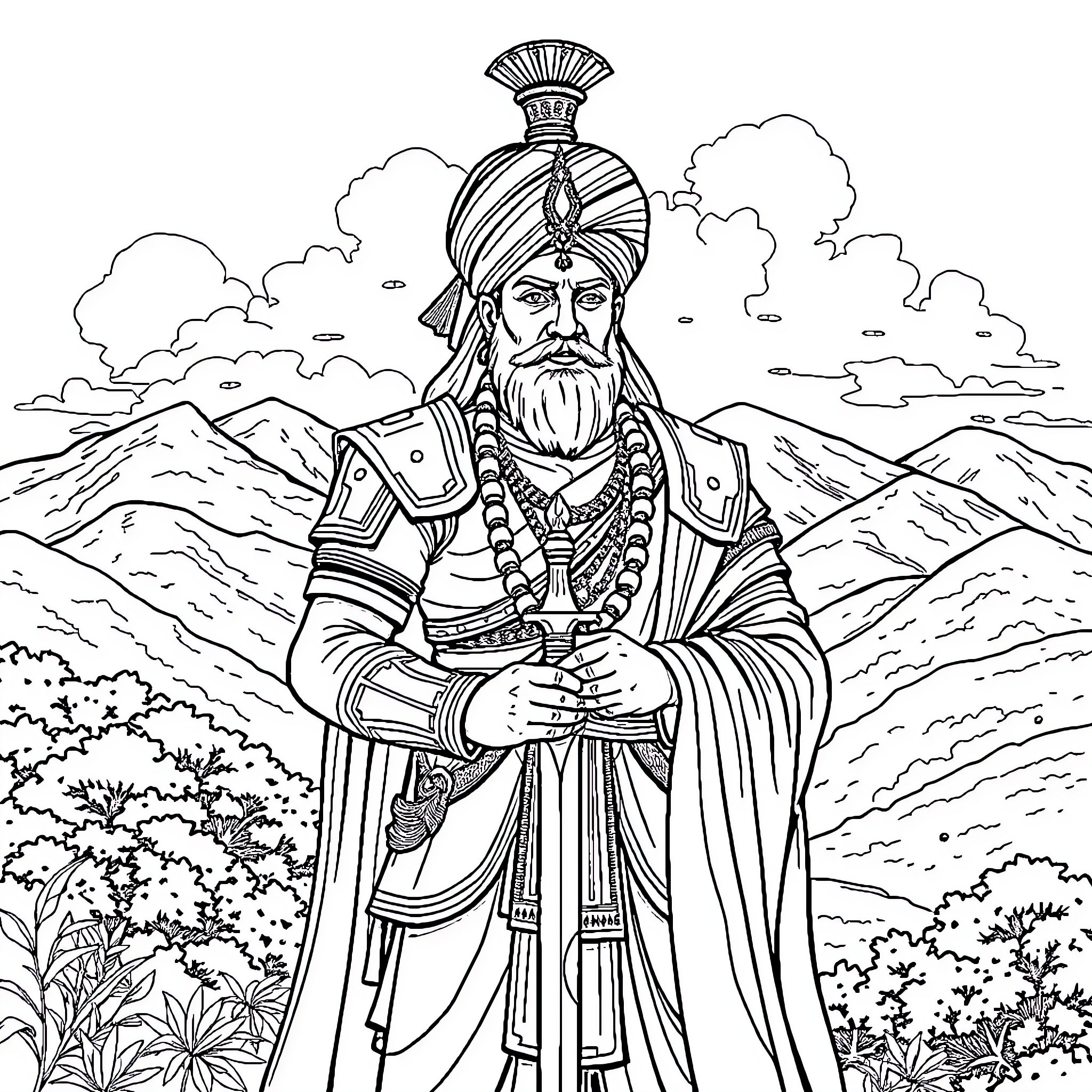 Chatrapati Sambhaji in Regal Attire Amid Mountainous Landscape Coloring Page (free black-and-white line drawing printable PDF for all, from beginners to advanced learners, including children, teens, adults, and seniors)