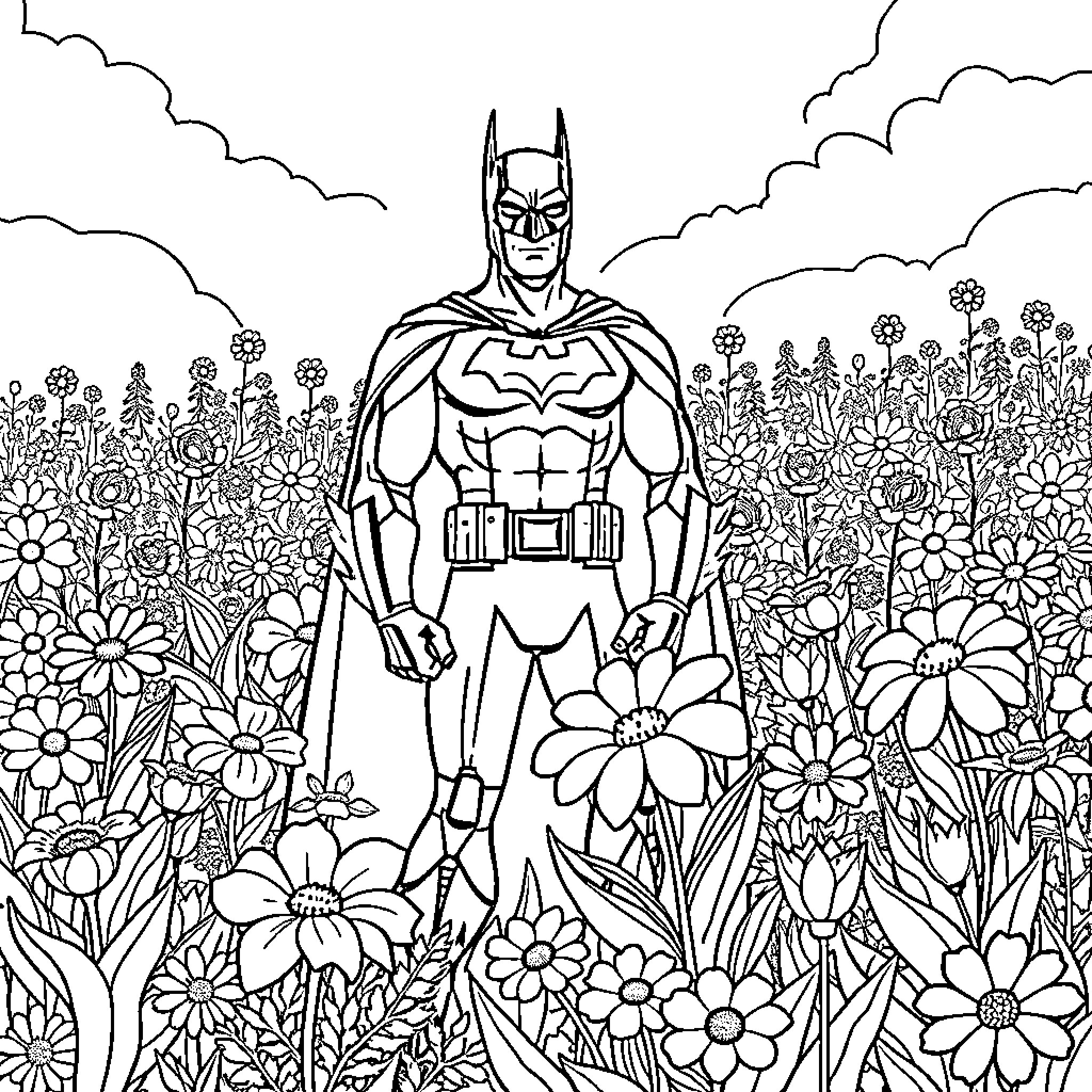 Batman standing heroically in a floral field Coloring Page (free black-and-white line drawing printable PDF for all, from beginners to advanced learners, including children, teens, adults, and seniors)