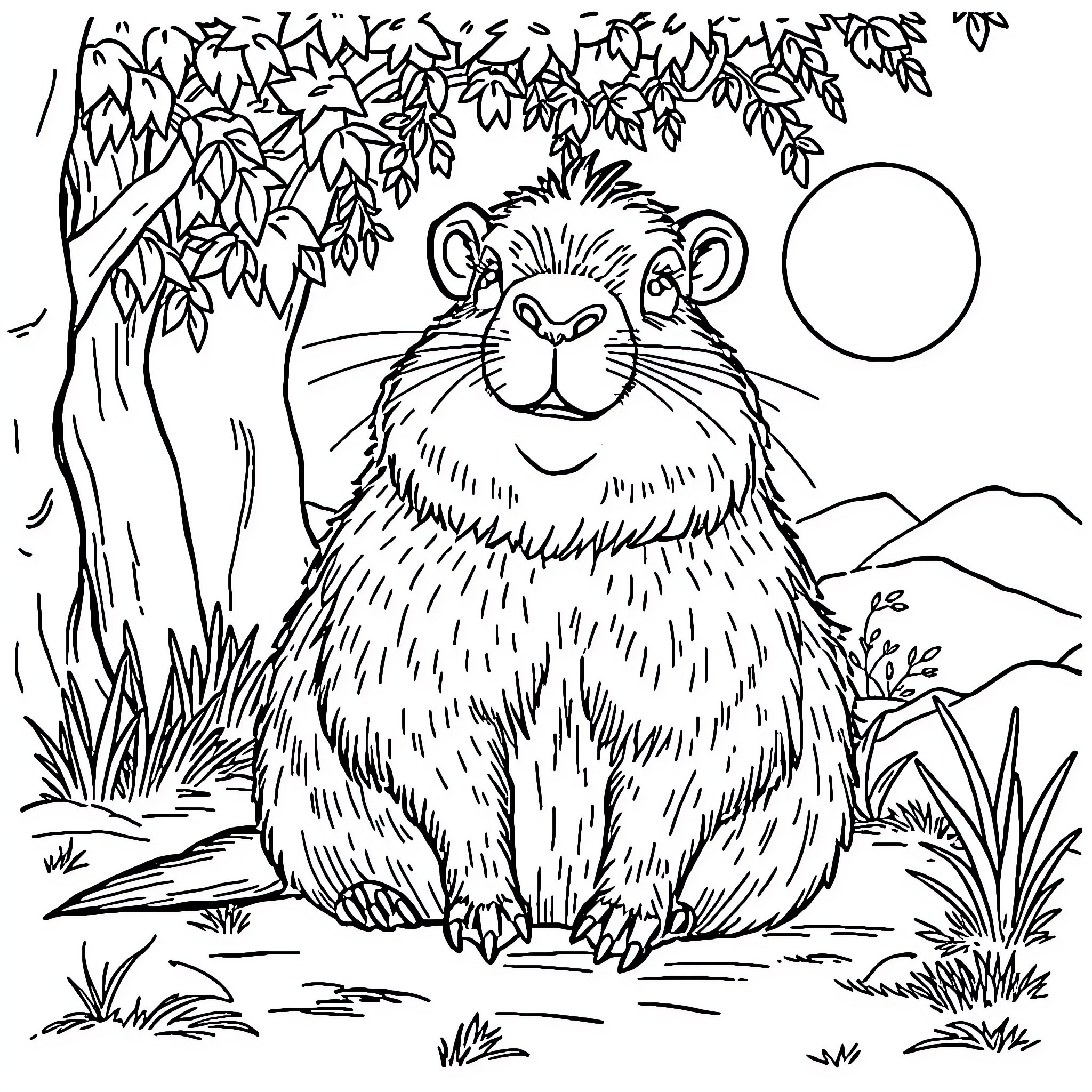 Capybara enjoying the tranquil forest scenery Coloring Page (free black-and-white line drawing printable PDF for all, from beginners to advanced learners, including children, teens, adults, and seniors)