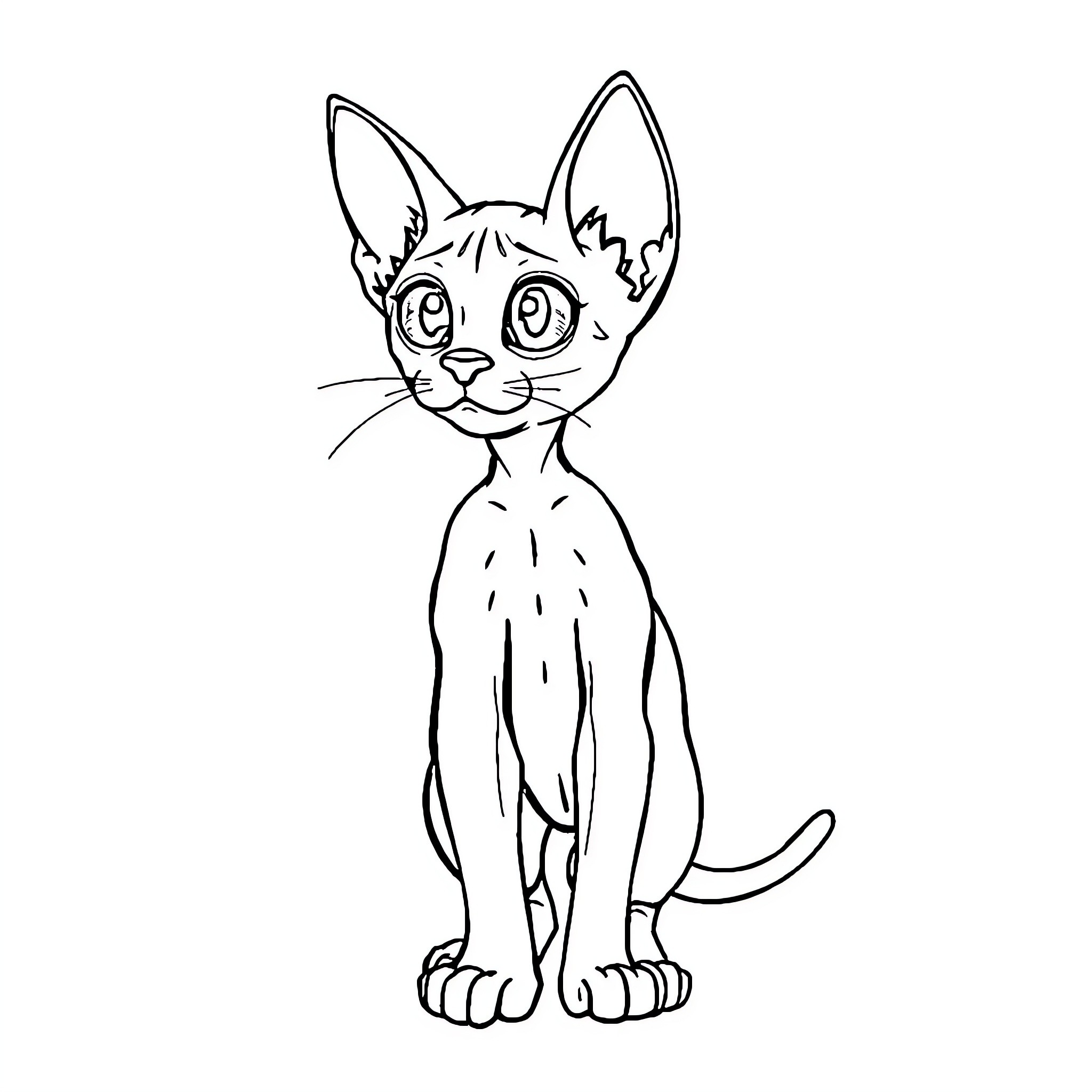 Cat with large eyes and alert expression Coloring Page (free black-and-white line drawing printable PDF for all, from beginners to advanced learners, including children, teens, adults, and seniors)