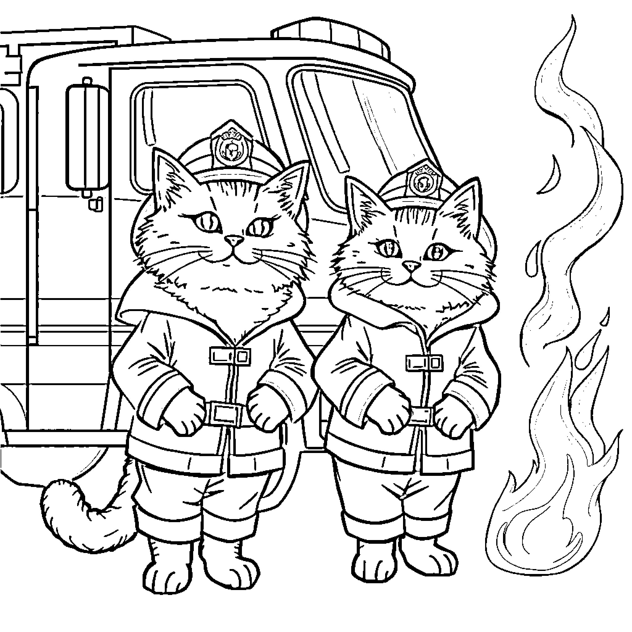 Cat firefighters battling a blaze Coloring Page (free black-and-white line drawing printable PDF for all, from beginners to advanced learners, including children, teens, adults, and seniors)