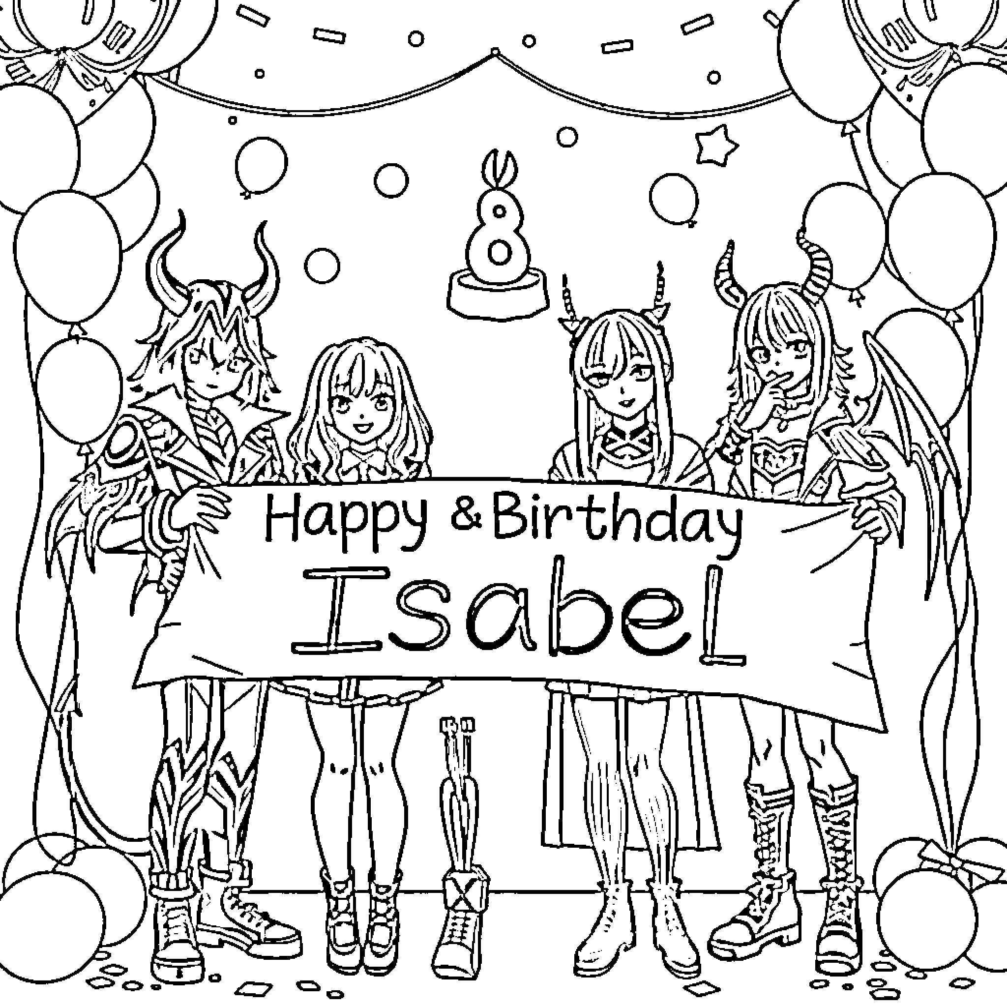 Demon Hunter Celebrates Birthday with Friends Coloring Page (free black-and-white line drawing printable PDF for all, from beginners to advanced learners, including children, teens, adults, and seniors)