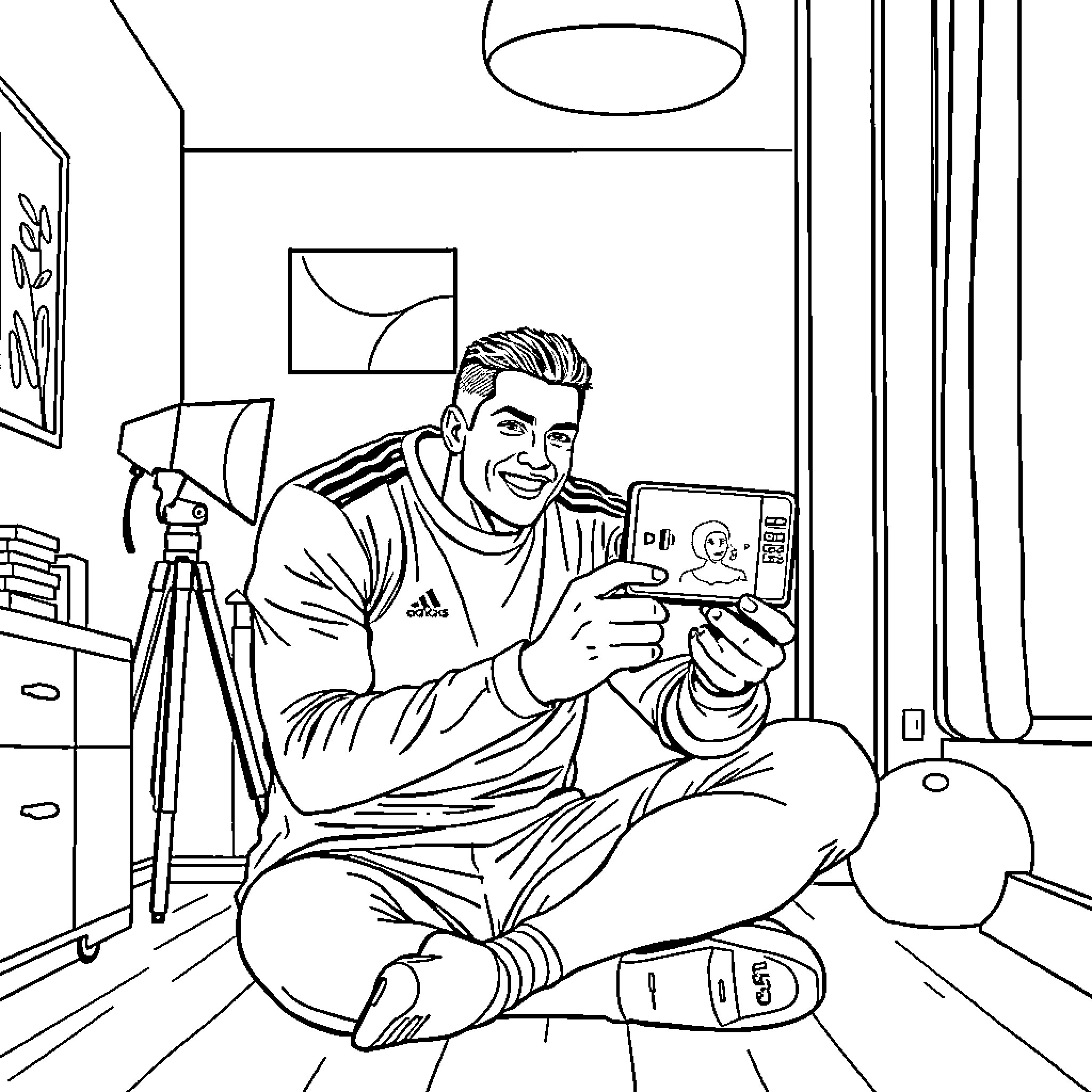 Cristiano Ronaldo playing video games in his home Coloring Page (free black-and-white line drawing printable PDF for all, from beginners to advanced learners, including children, teens, adults, and seniors)