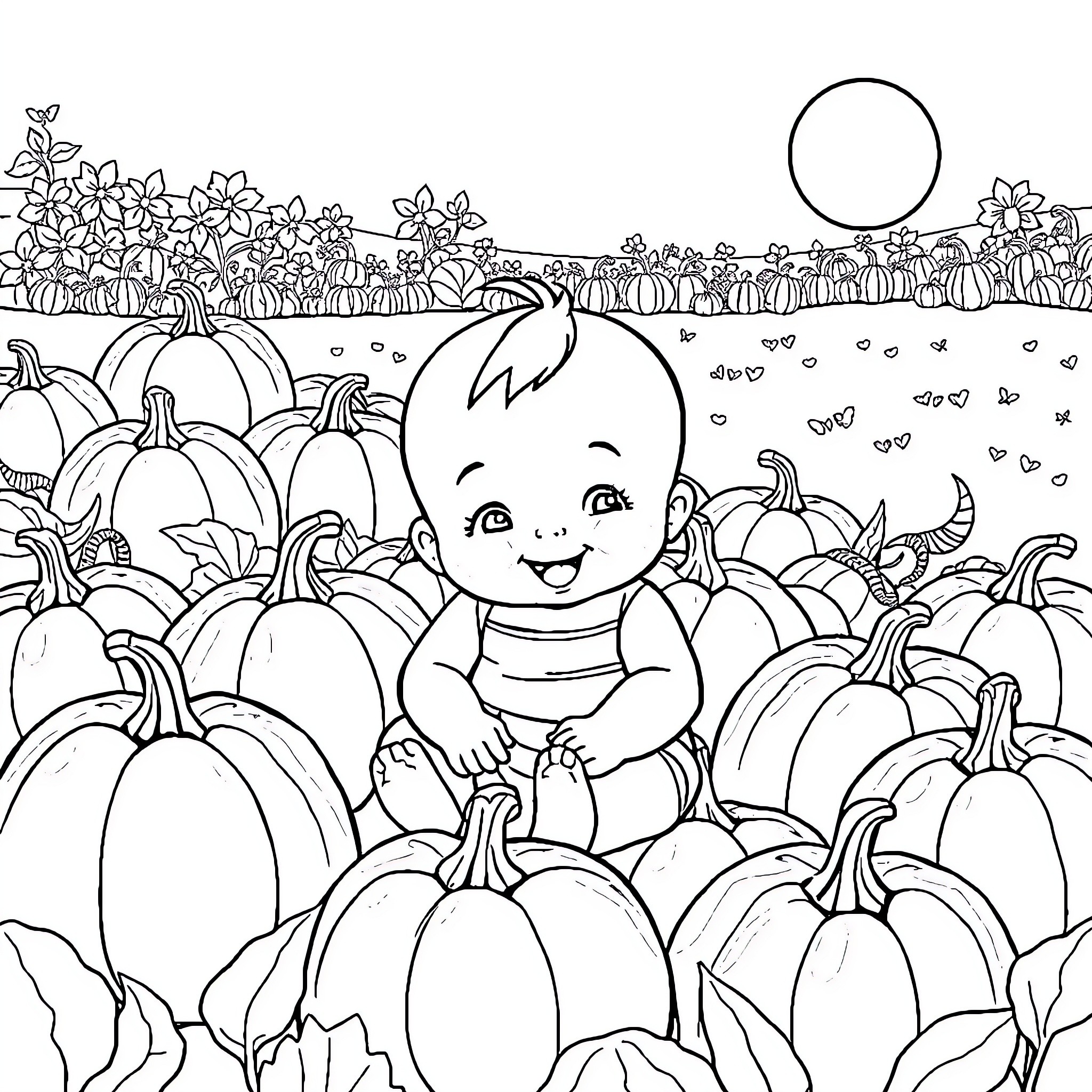 Baby playing joyfully in pumpkin patch Coloring Page (free black-and-white line drawing printable PDF for all, from beginners to advanced learners, including children, teens, adults, and seniors)
