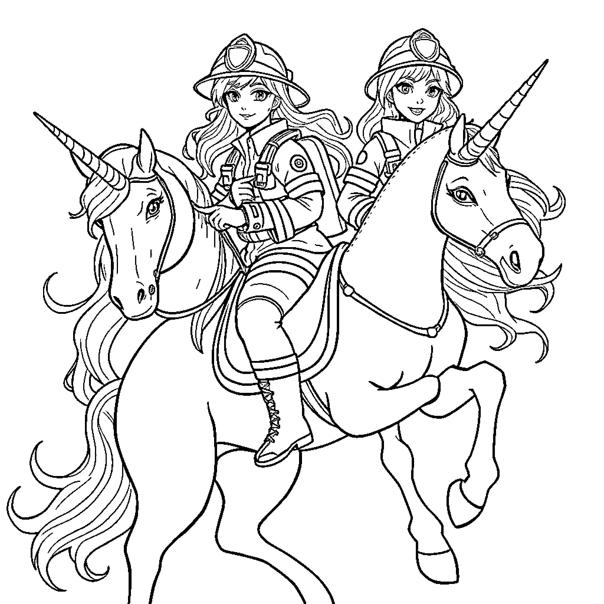 Firefighters riding unicorns on a mission Coloring Page (free black-and-white line drawing printable PDF for all, from beginners to advanced learners, including children, teens, adults, and seniors)
