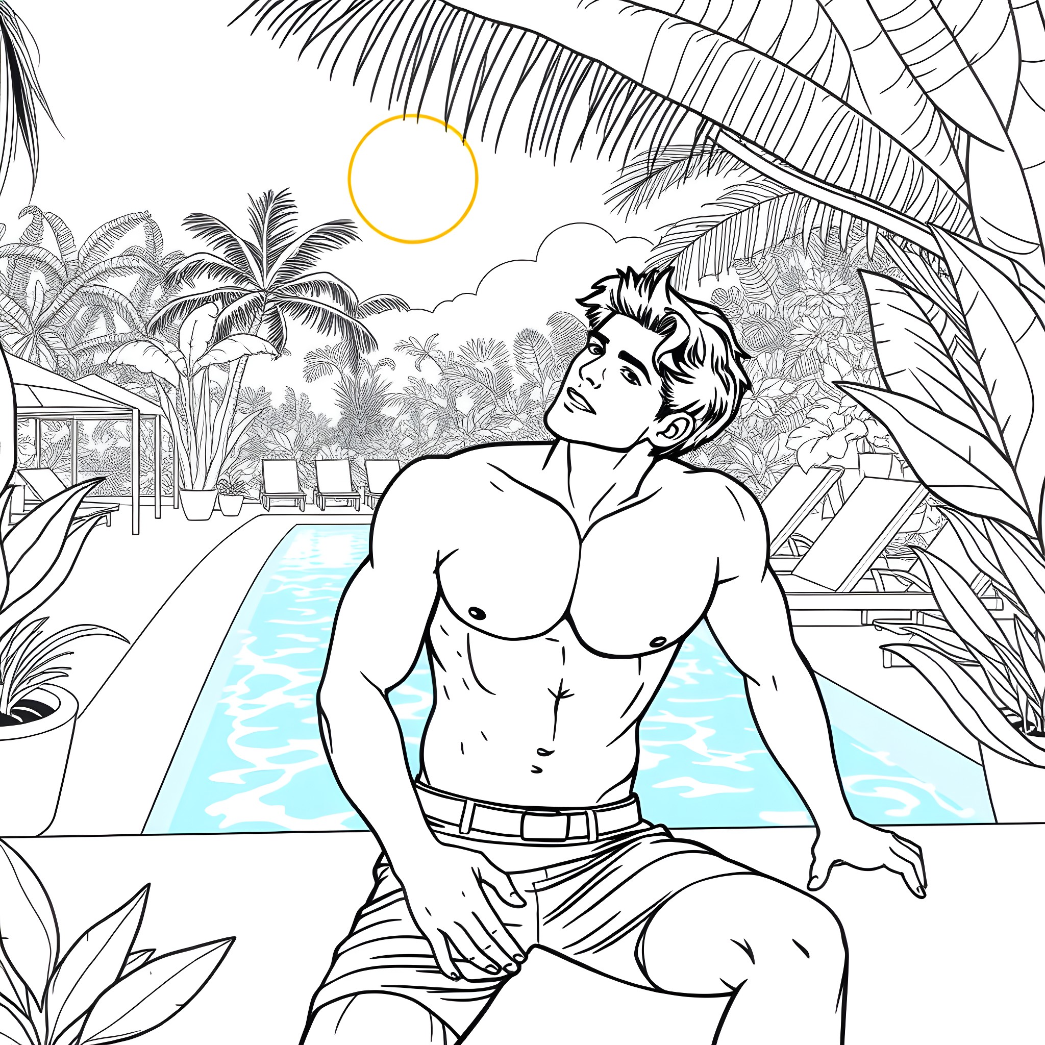 Tom Holland enjoys a tropical vacation under the sun Coloring Page (free black-and-white line drawing printable PDF for all, from beginners to advanced learners, including children, teens, adults, and seniors)