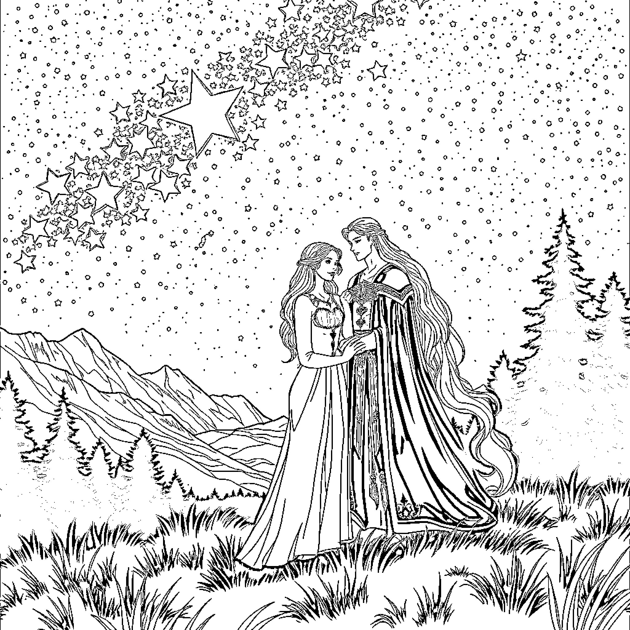 Feyre and Rhysand's Enchanted Embrace Coloring Page (free black-and-white line drawing printable PDF for all, from beginners to advanced learners, including children, teens, adults, and seniors)