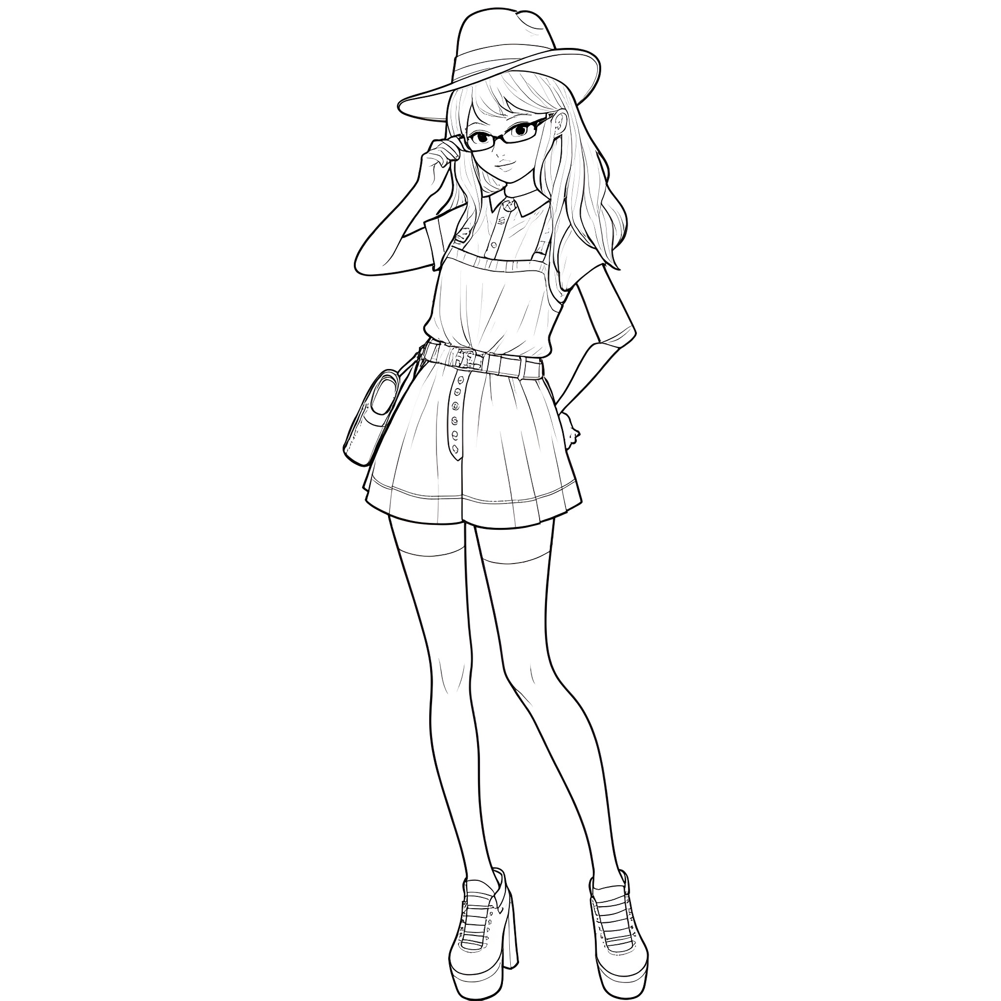 Goth Girl Exploring the Wilderness Coloring Page (free black-and-white line drawing printable PDF for all, from beginners to advanced learners, including children, teens, adults, and seniors)