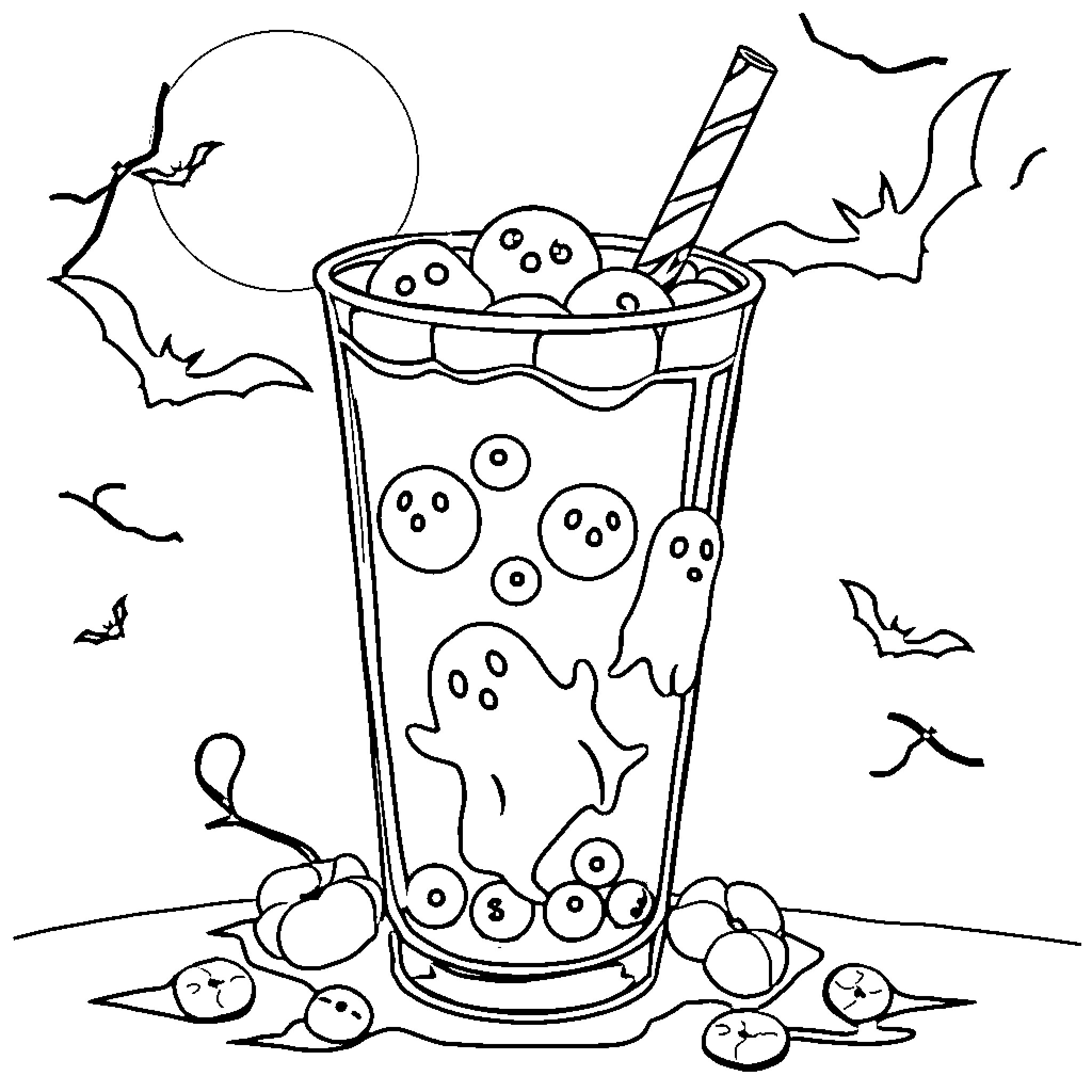 Bubble Tea with Halloween Spooks Coloring Page (free black-and-white line drawing printable PDF for all, from beginners to advanced learners, including children, teens, adults, and seniors)