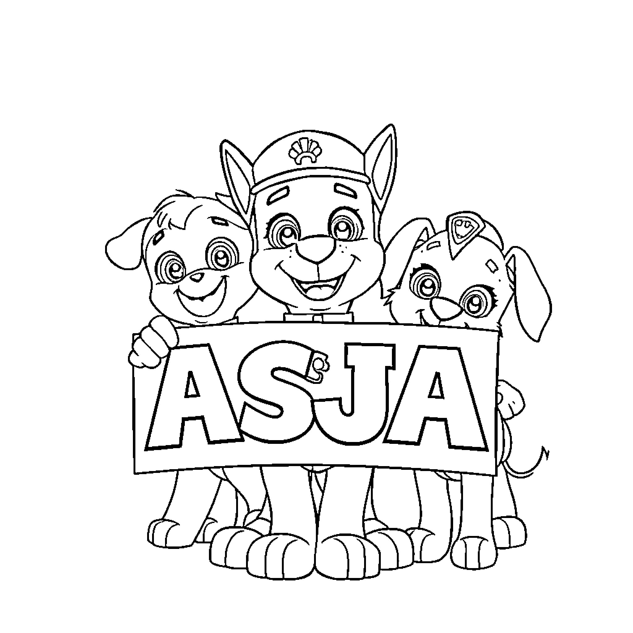 Paw Patrol Characters Holding ASJA Banner Coloring Page (free black-and-white line drawing printable PDF for all, from beginners to advanced learners, including children, teens, adults, and seniors)