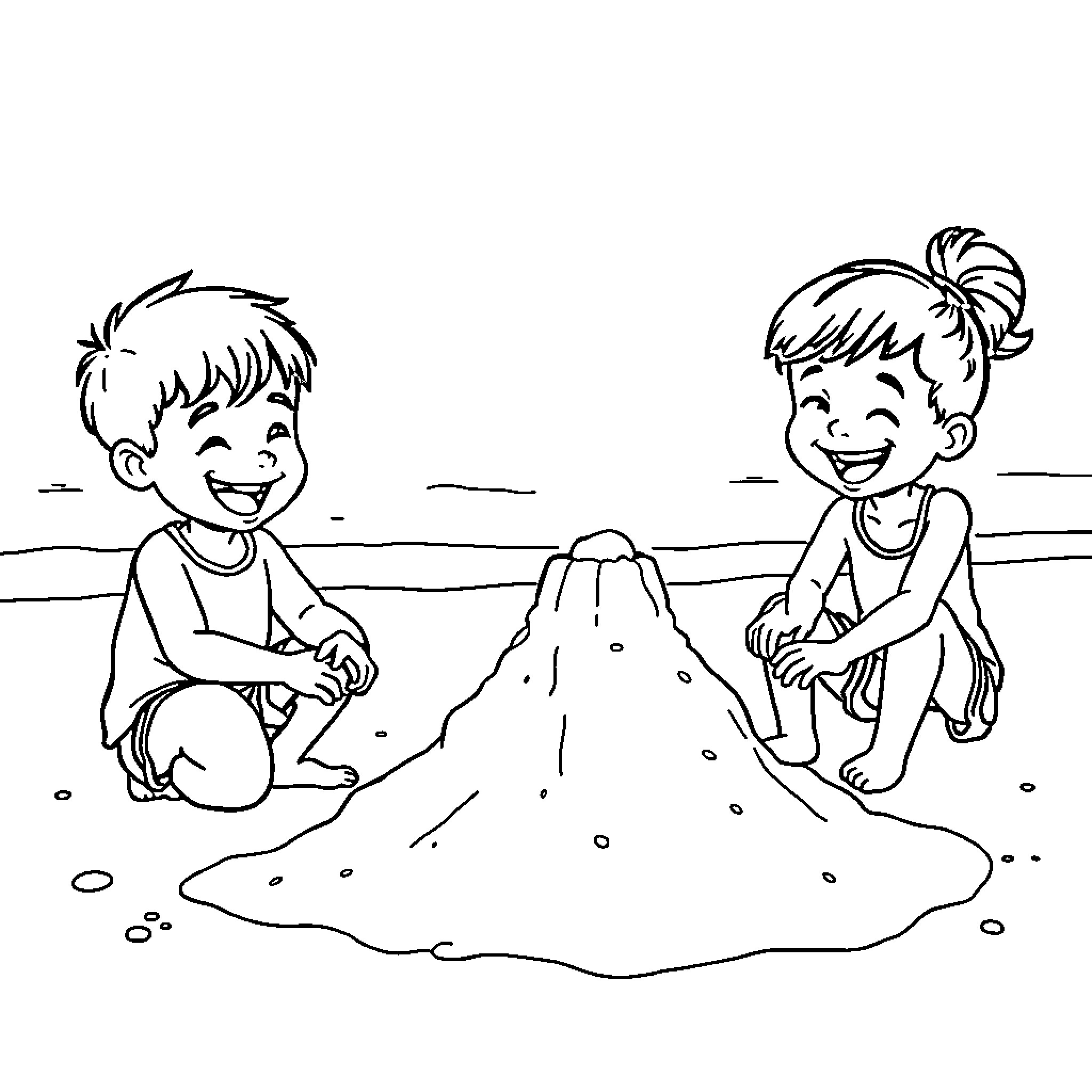 Children playing in the sand Coloring Page (free black-and-white line drawing printable PDF for all, from beginners to advanced learners, including children, teens, adults, and seniors)