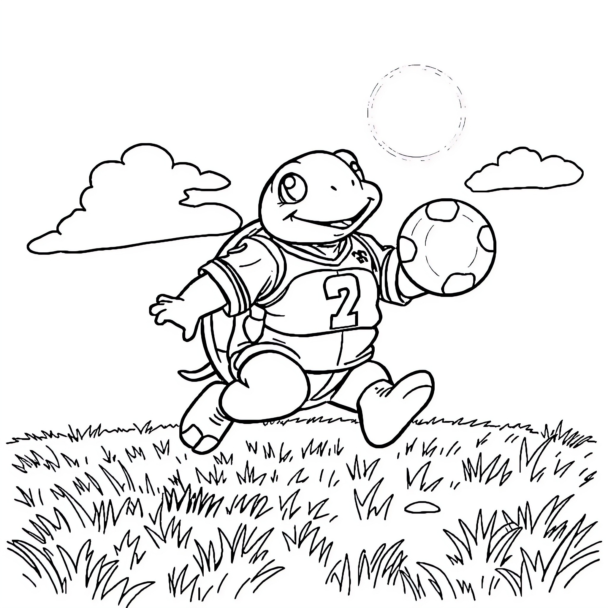 Turtle playing soccer in the park Coloring Page (free black-and-white line drawing printable PDF for all, from beginners to advanced learners, including children, teens, adults, and seniors)