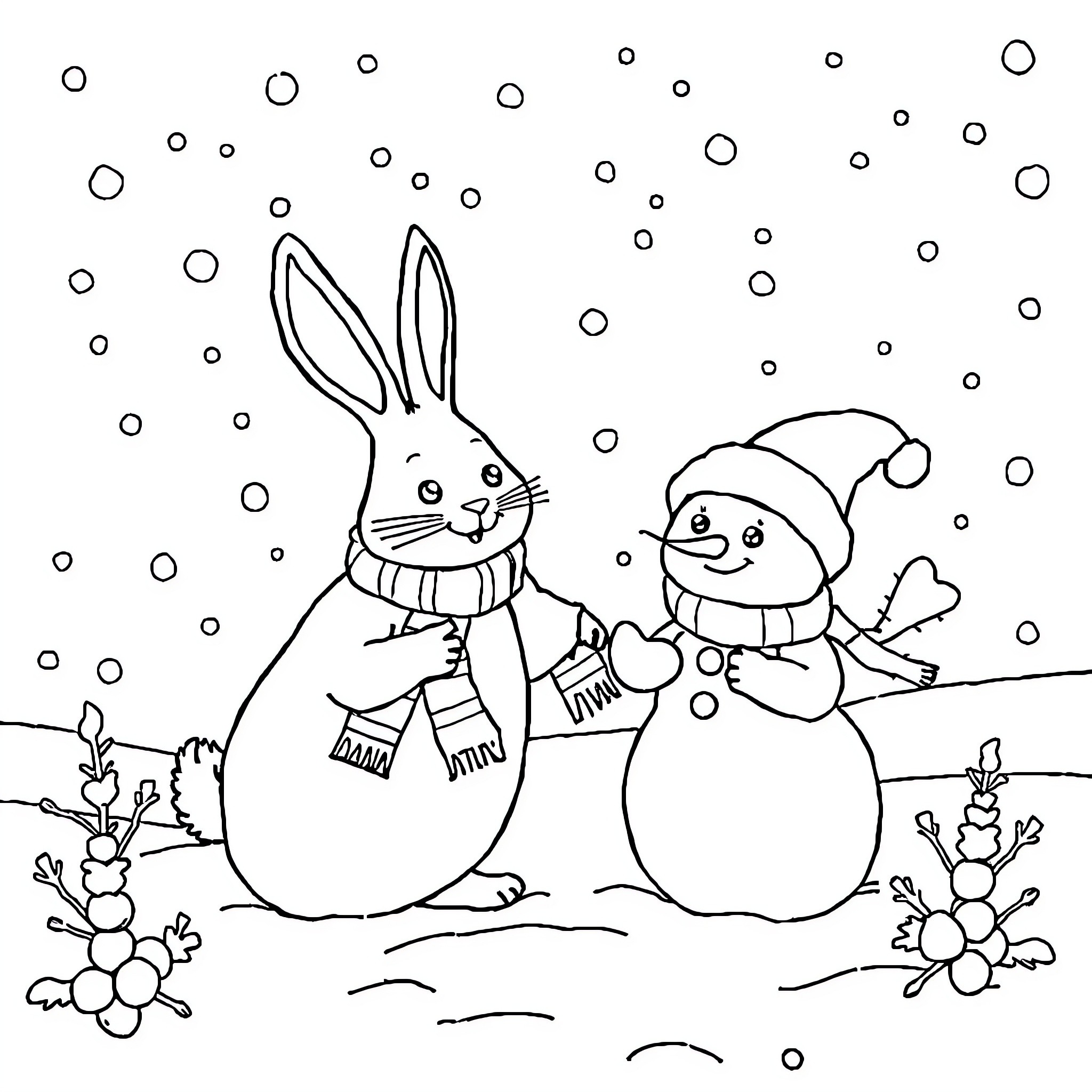 Monstre Rabbits and Snowman in Winter Wonderland Coloring Page (free black-and-white line drawing printable PDF for all, from beginners to advanced learners, including children, teens, adults, and seniors)