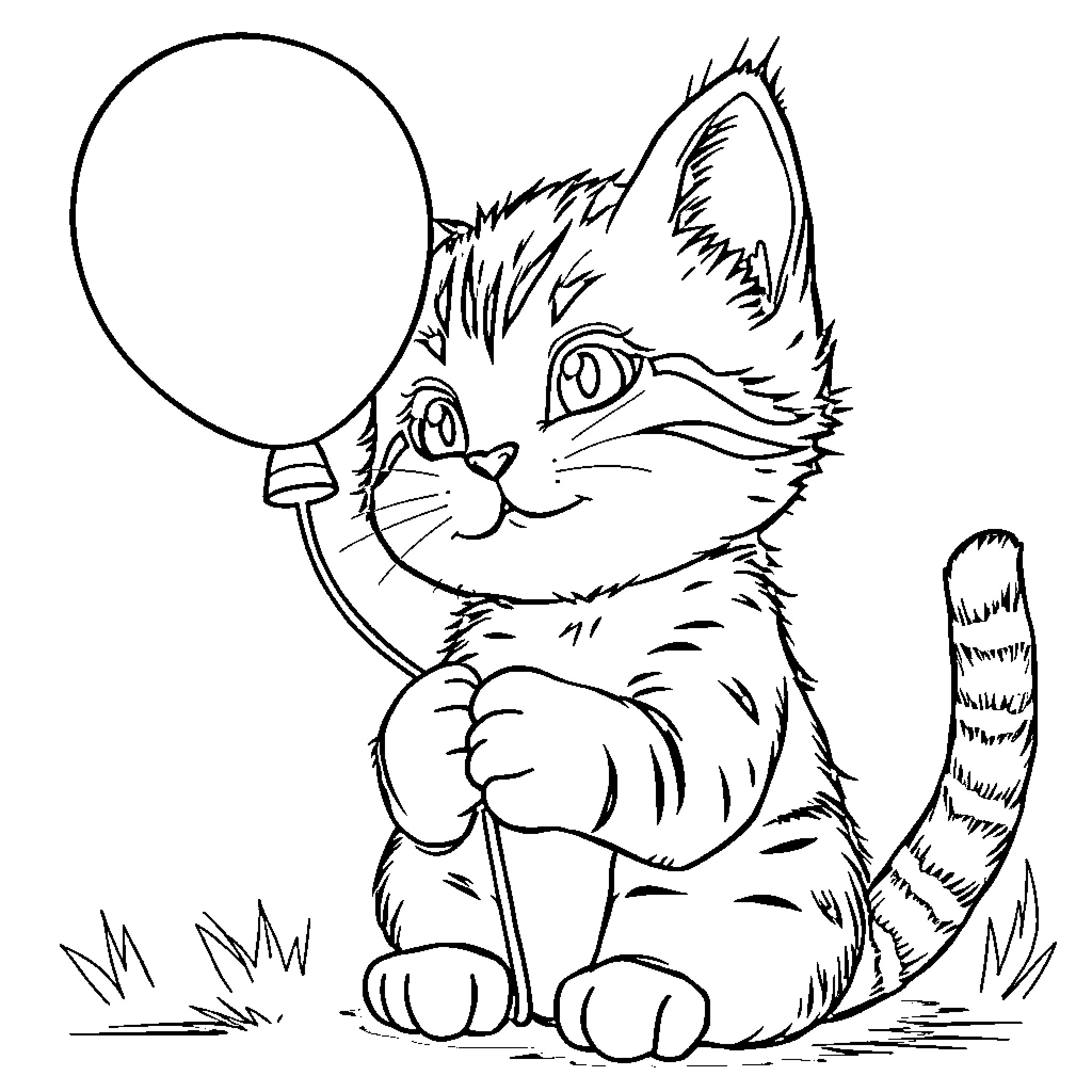 Cat with balloon in the yard Coloring Page (free black-and-white line drawing printable PDF for all, from beginners to advanced learners, including children, teens, adults, and seniors)