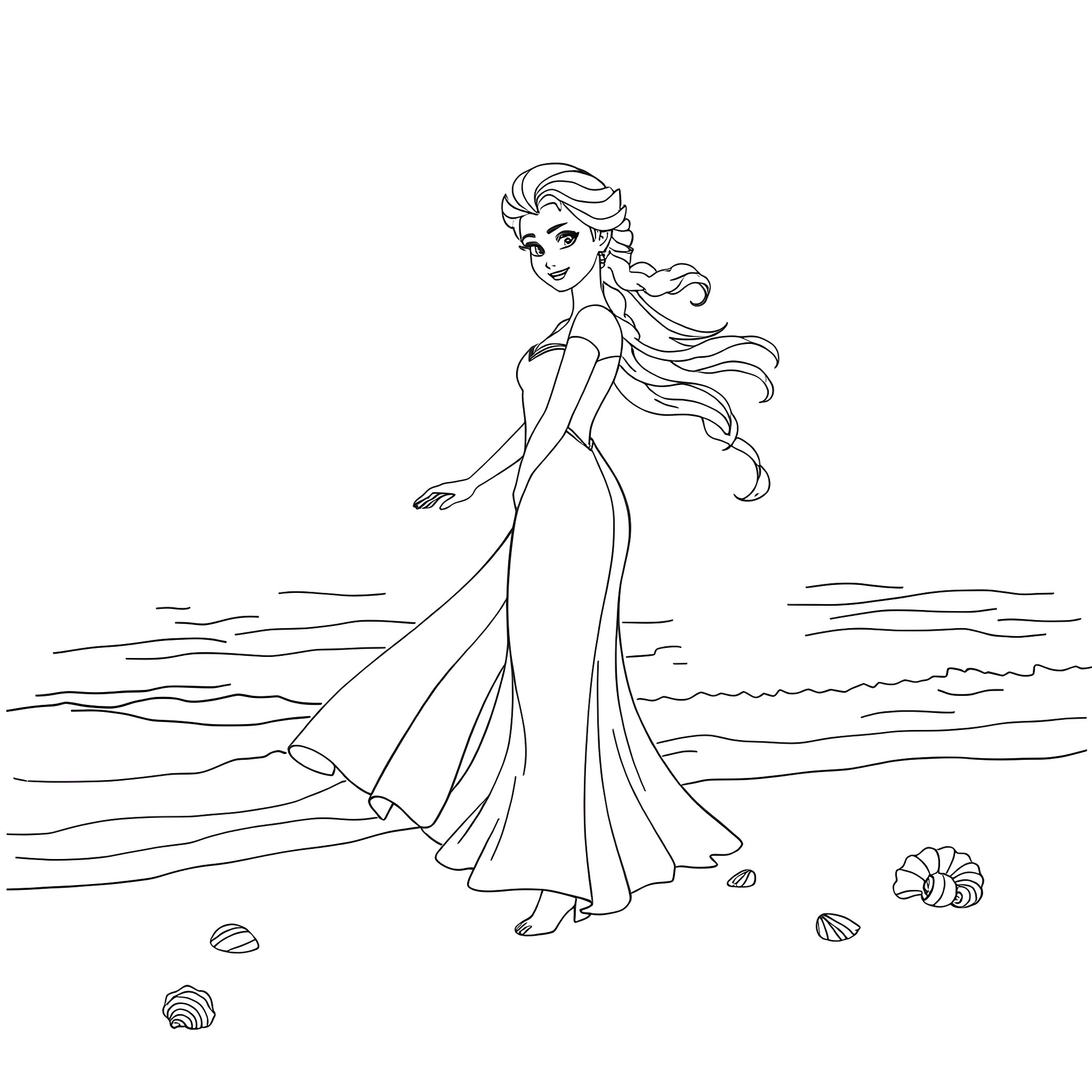 Elsa's Elegant Beachside Stroll Coloring Page (free black-and-white line drawing printable PDF for all, from beginners to advanced learners, including children, teens, adults, and seniors)
