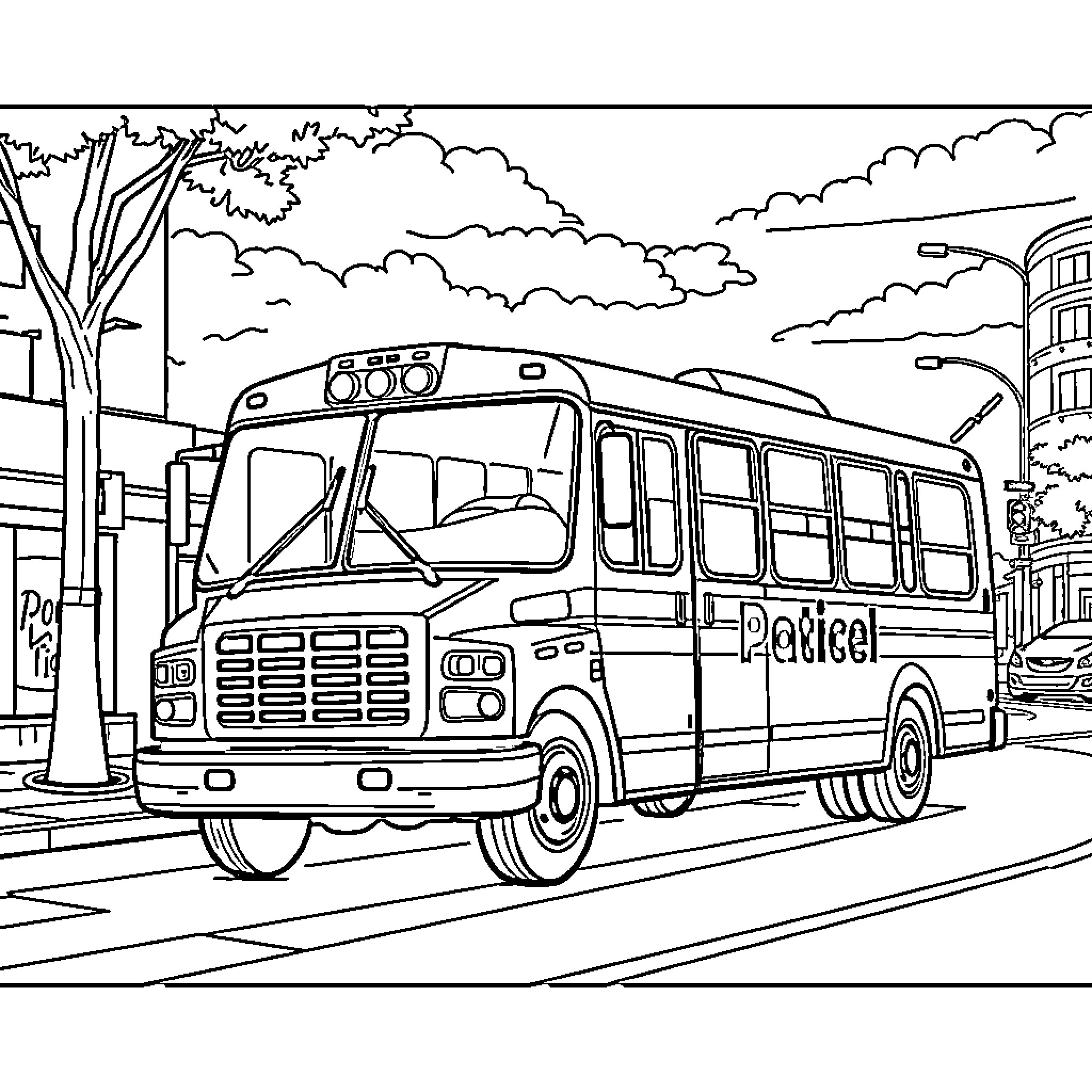 Patrullabus carrying passengers through urban landscape Coloring Page (free black-and-white line drawing printable PDF for all, from beginners to advanced learners, including children, teens, adults, and seniors)