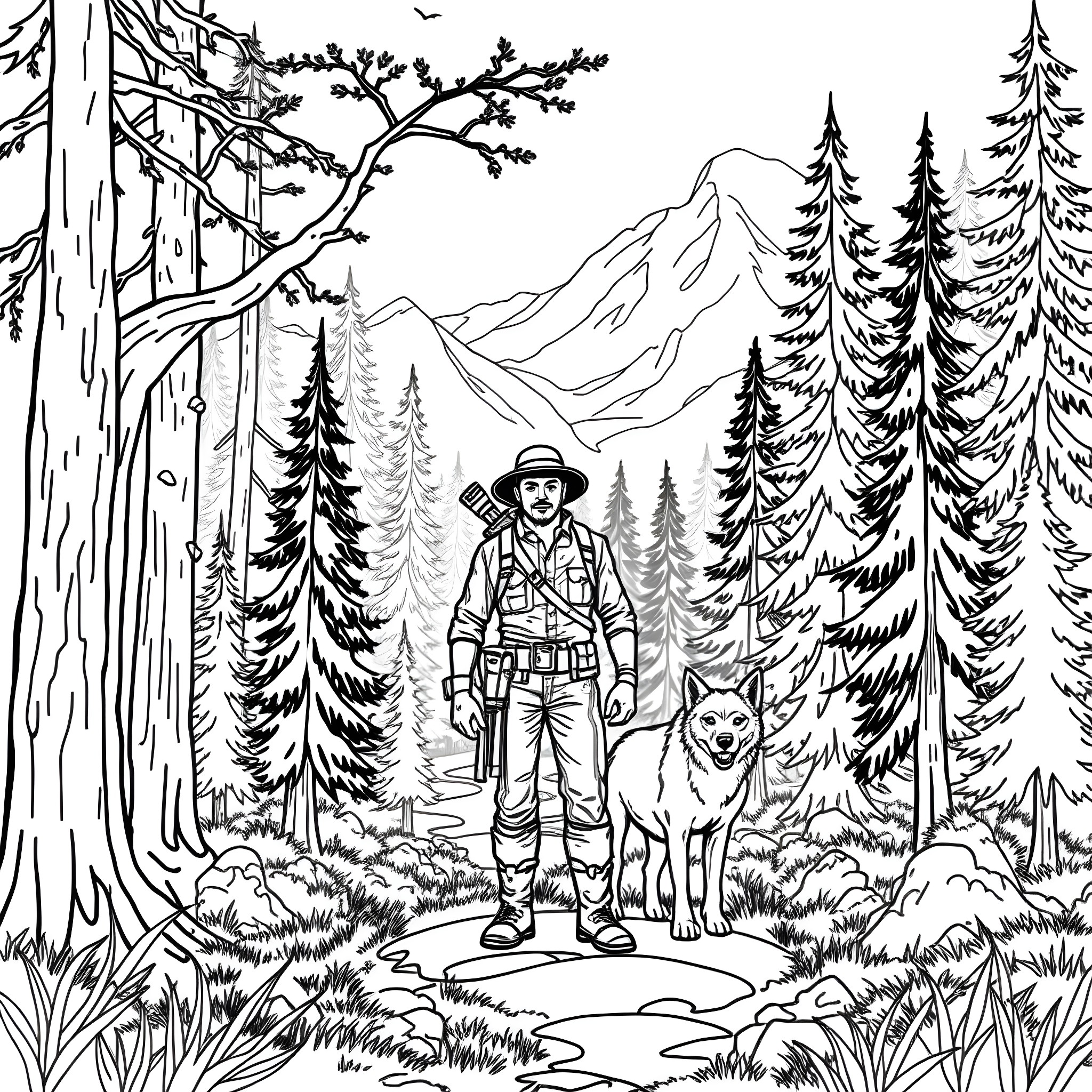Ranger in the Wilderness Wilderness Adventure Coloring Page (free black-and-white line drawing printable PDF for all, from beginners to advanced learners, including children, teens, adults, and seniors)
