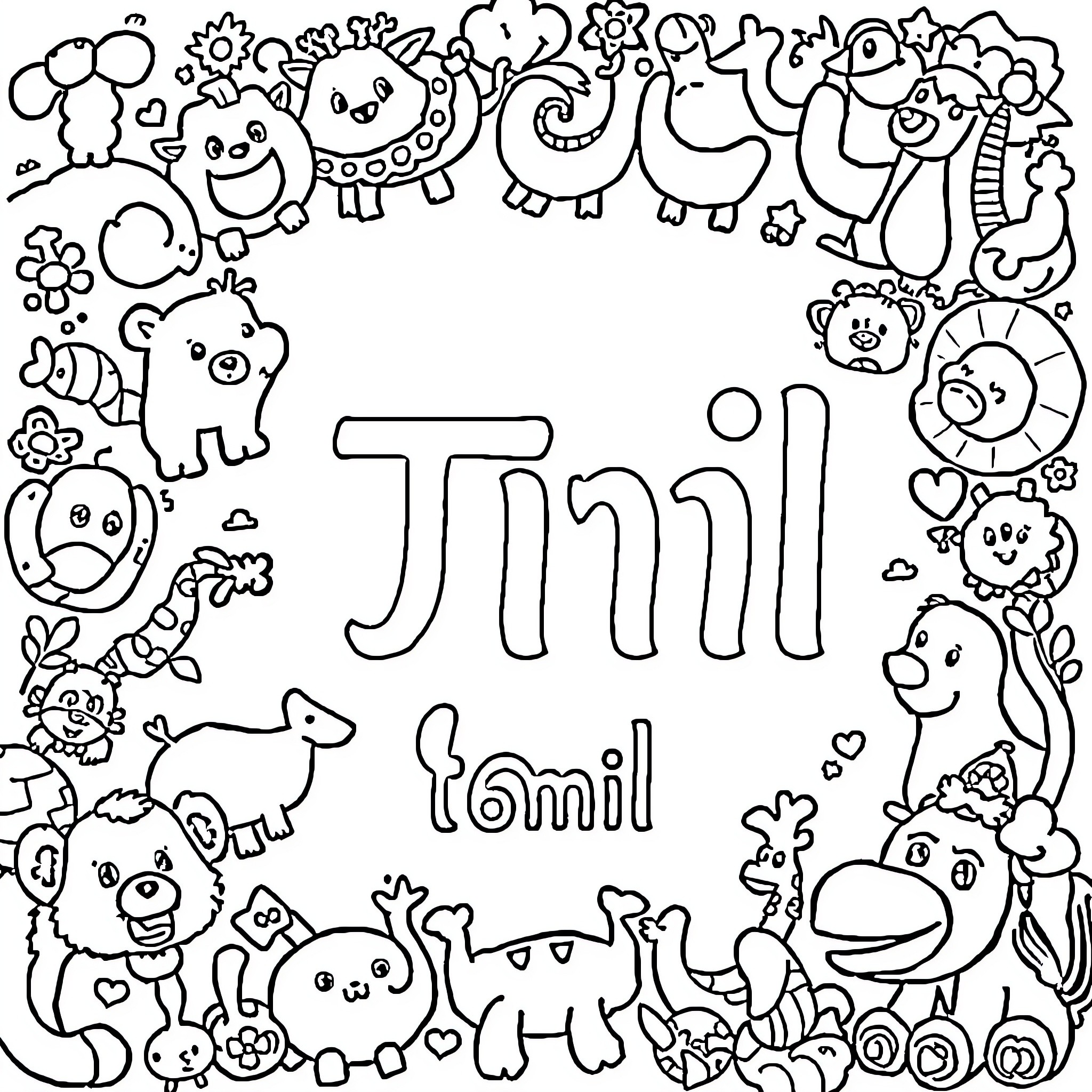 Tamil Letter with Cartoon Animals and Floral Motifs Coloring Page (free black-and-white line drawing printable PDF for all, from beginners to advanced learners, including children, teens, adults, and seniors)