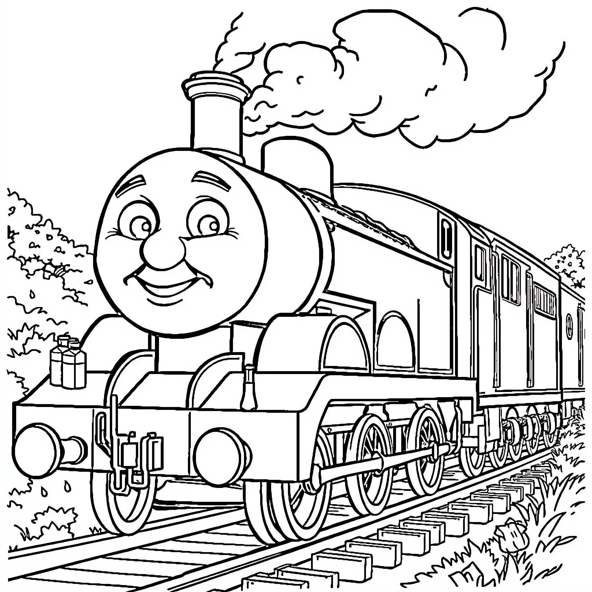 Thomas the Train Happily Chugging Along Coloring Page (free black-and-white line drawing printable PDF for all, from beginners to advanced learners, including children, teens, adults, and seniors)