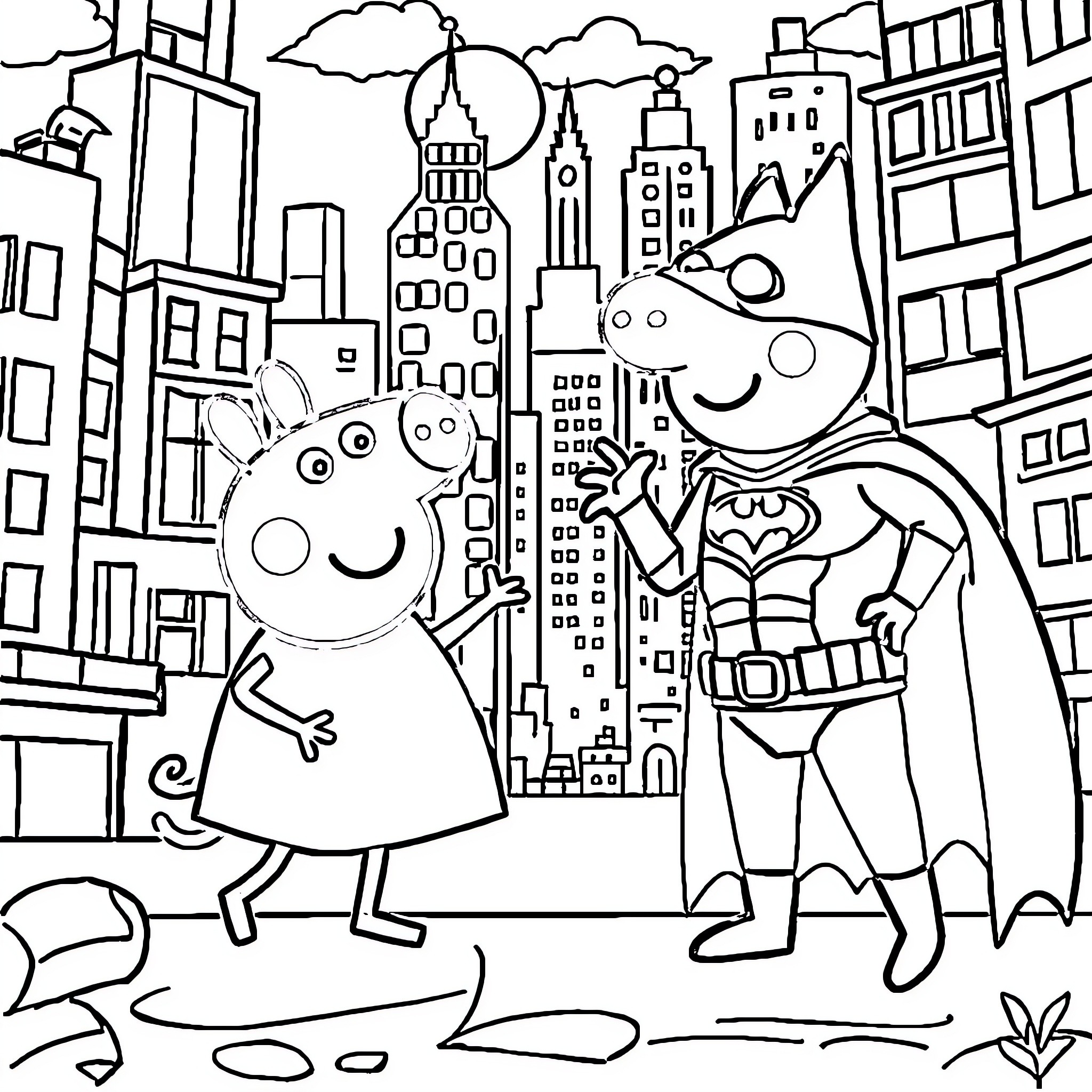 Peppa Pig and George Superhero's City Adventure Coloring Page (free black-and-white line drawing printable PDF for all, from beginners to advanced learners, including children, teens, adults, and seniors)